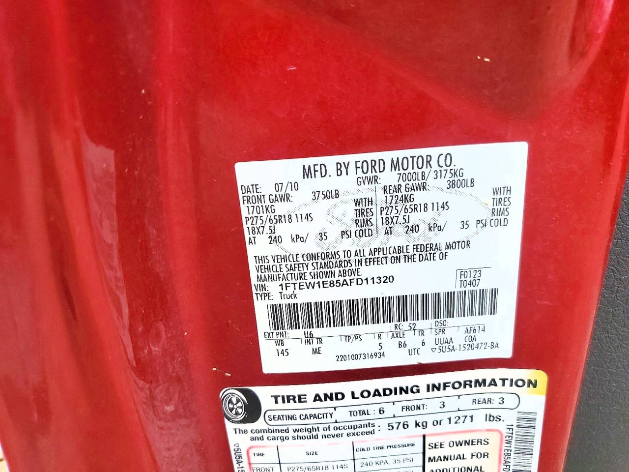 2010 Ford F150 Supercrew Red vin: 1FTEW1E85AFD11320