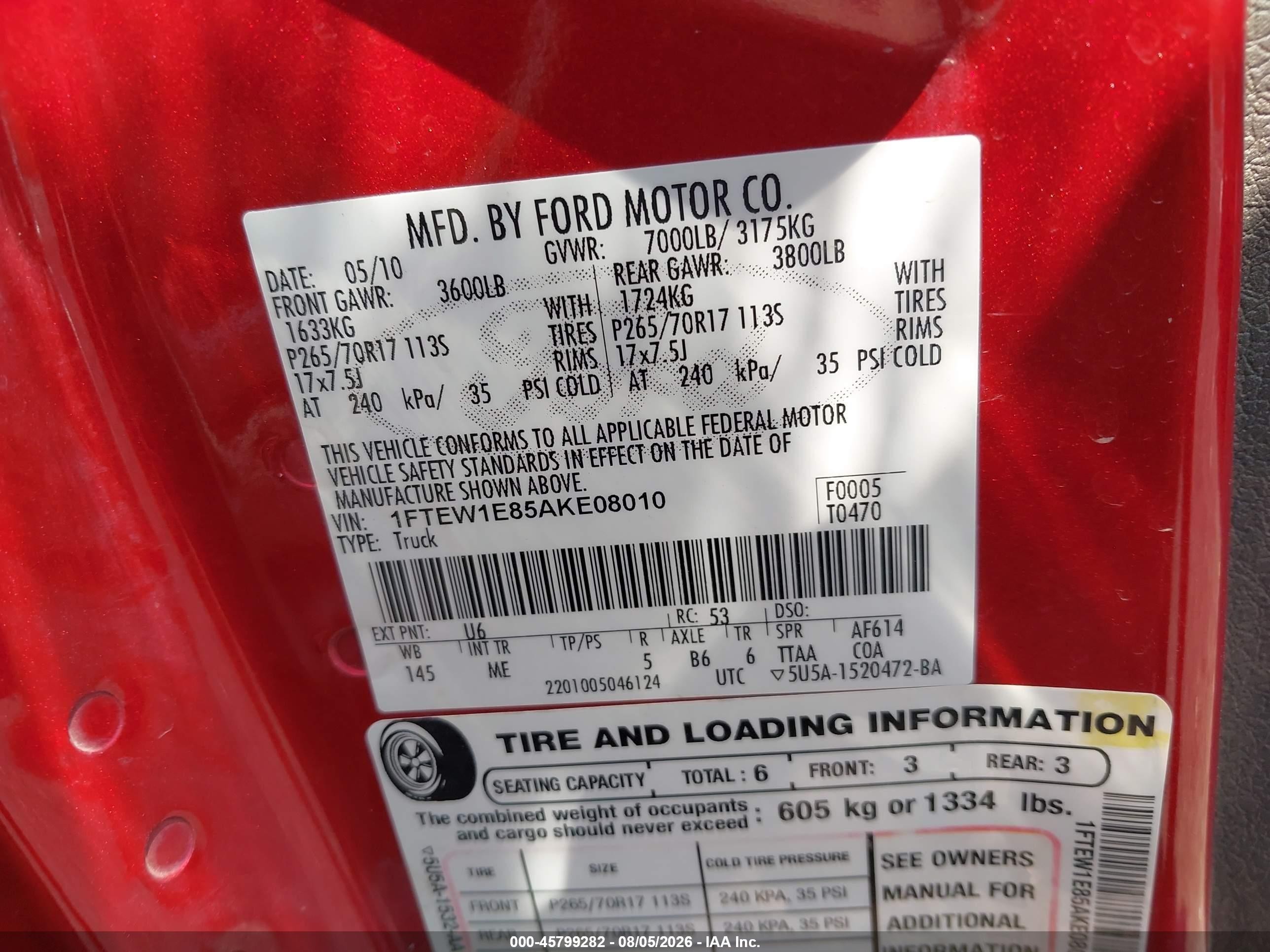 2010 Ford F-150 Xlt Red vin: 1FTEW1E85AKE08010
