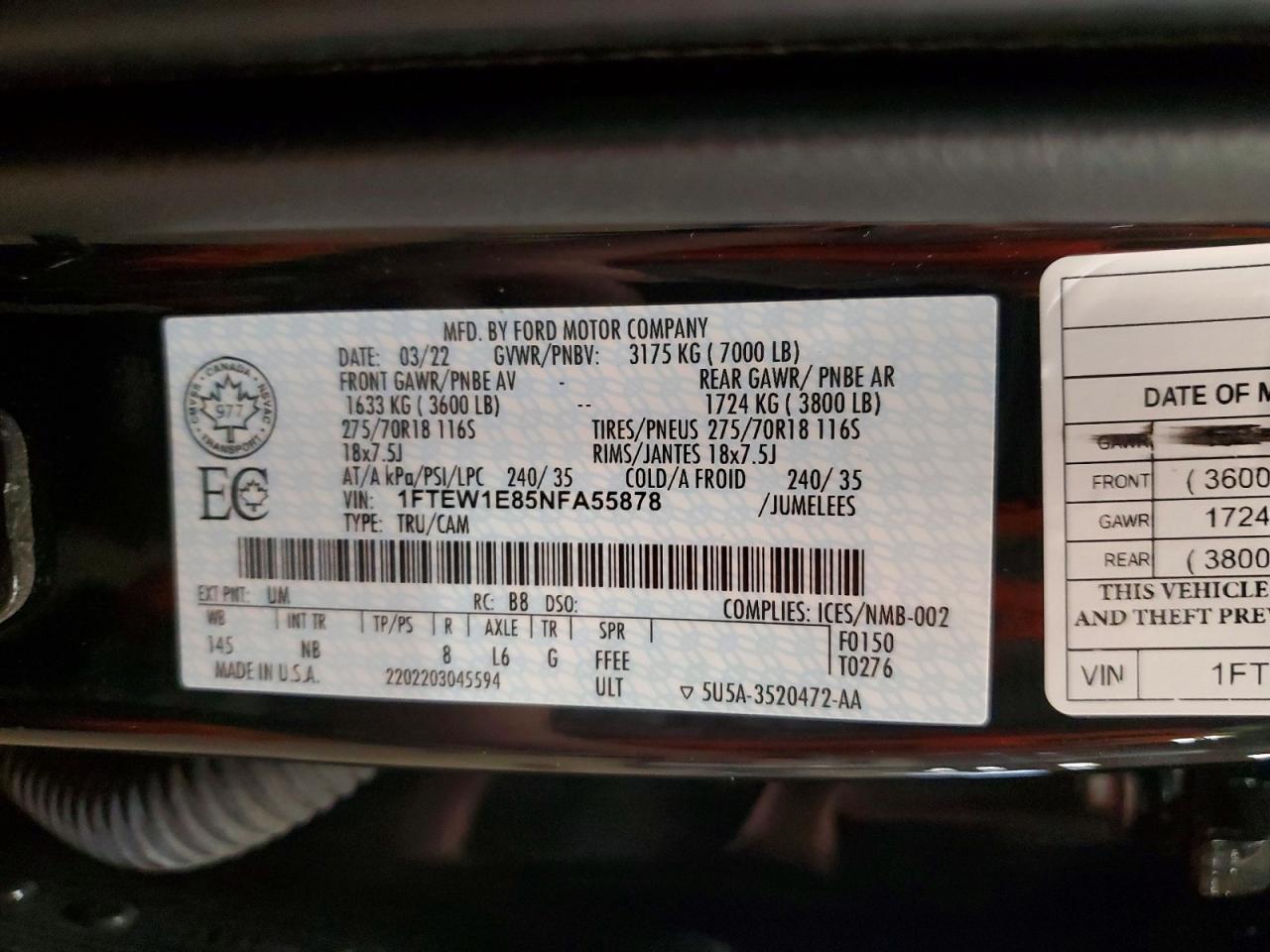 2022 Ford F150 Supercrew Черный vin: 1FTEW1E85NFA55878