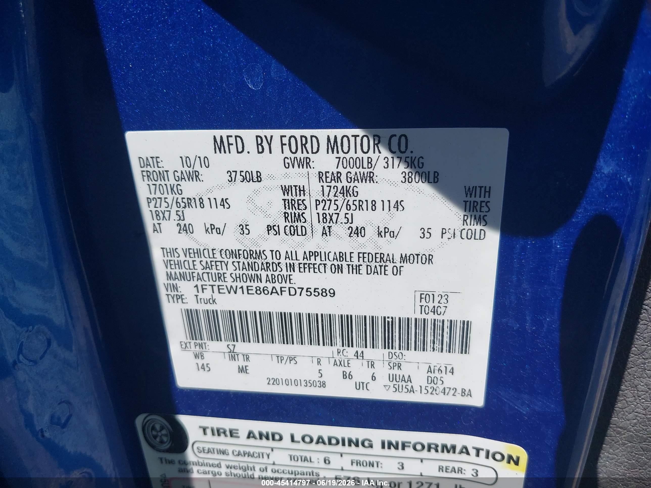 2010 Ford F-150 Xl/xlt Blue vin: 1FTEW1E86AFD75589