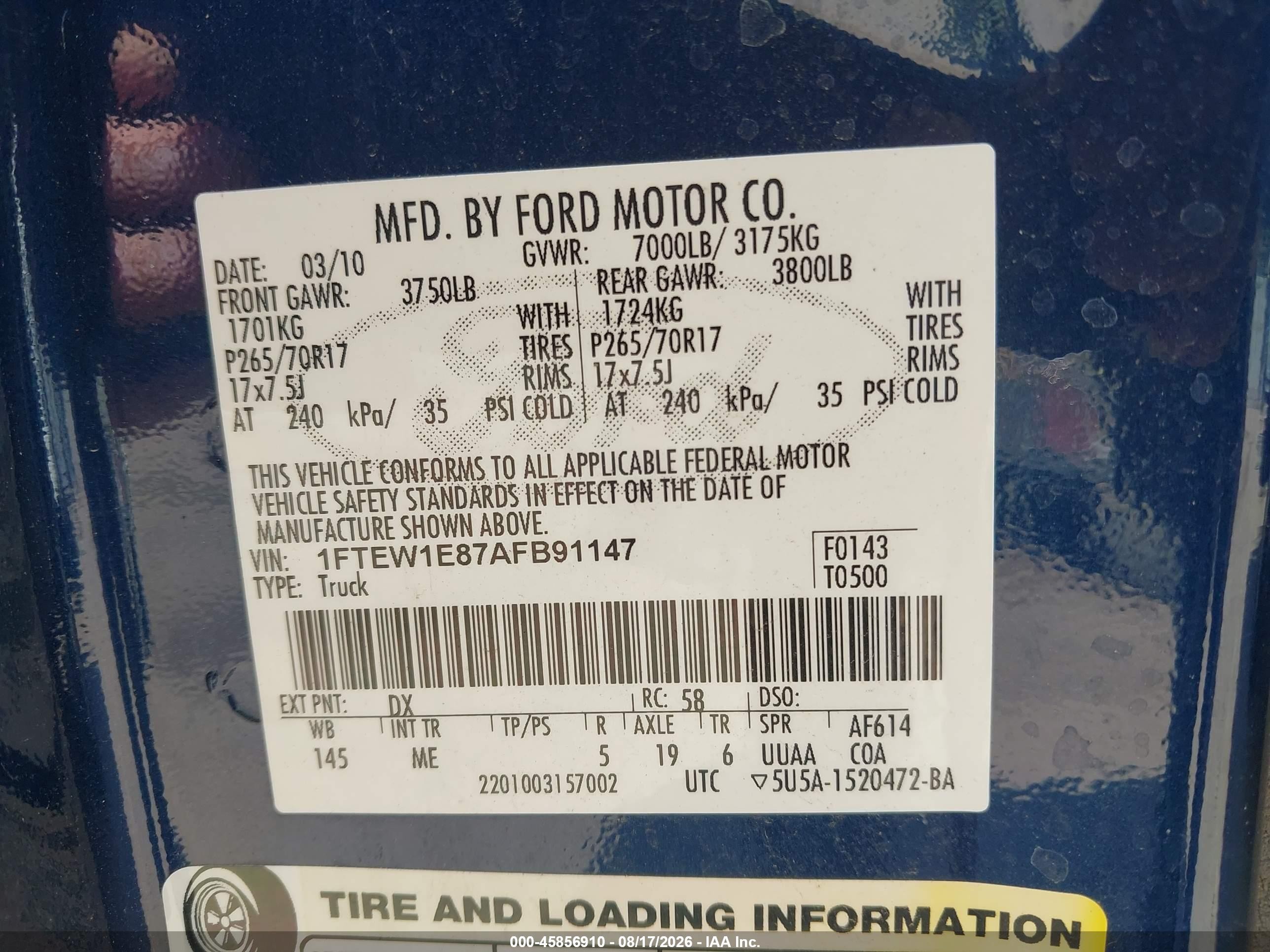 2010 Ford F-150 Xl/xlt Dark Blue vin: 1FTEW1E87AFB91147