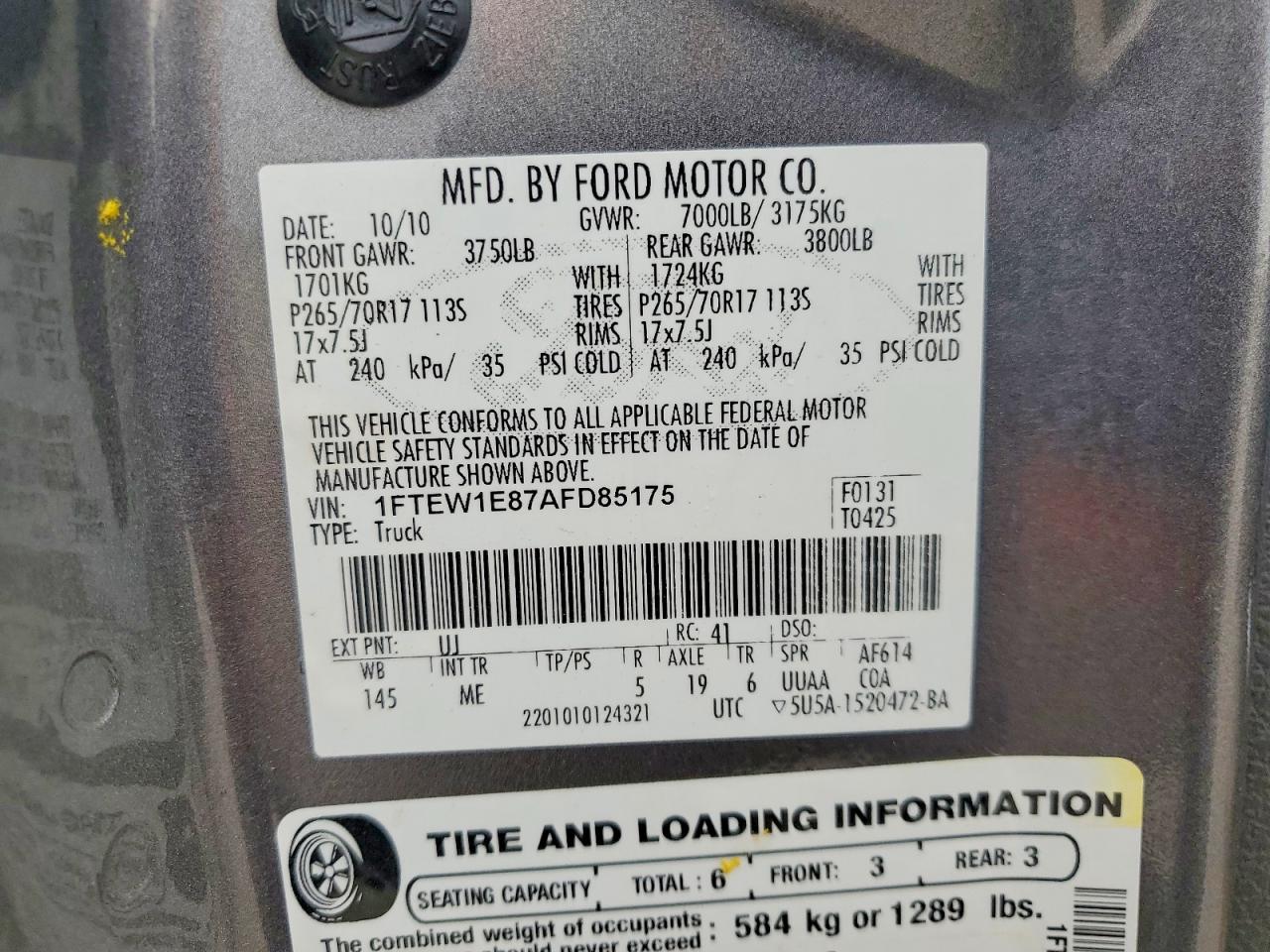 2010 Ford F150 Supercrew Gray vin: 1FTEW1E87AFD85175