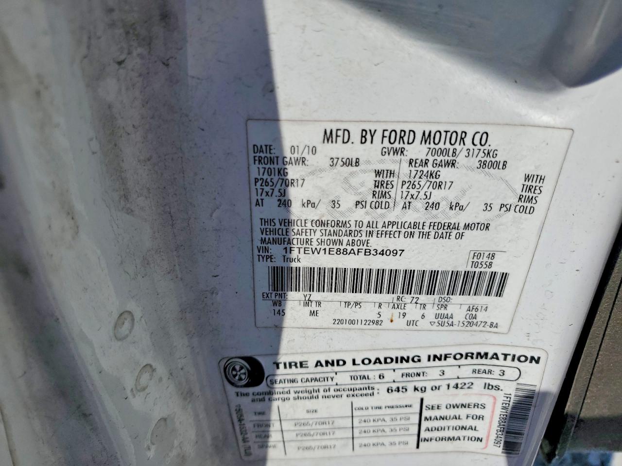 2010 Ford F150 Supercrew White vin: 1FTEW1E88AFB34097