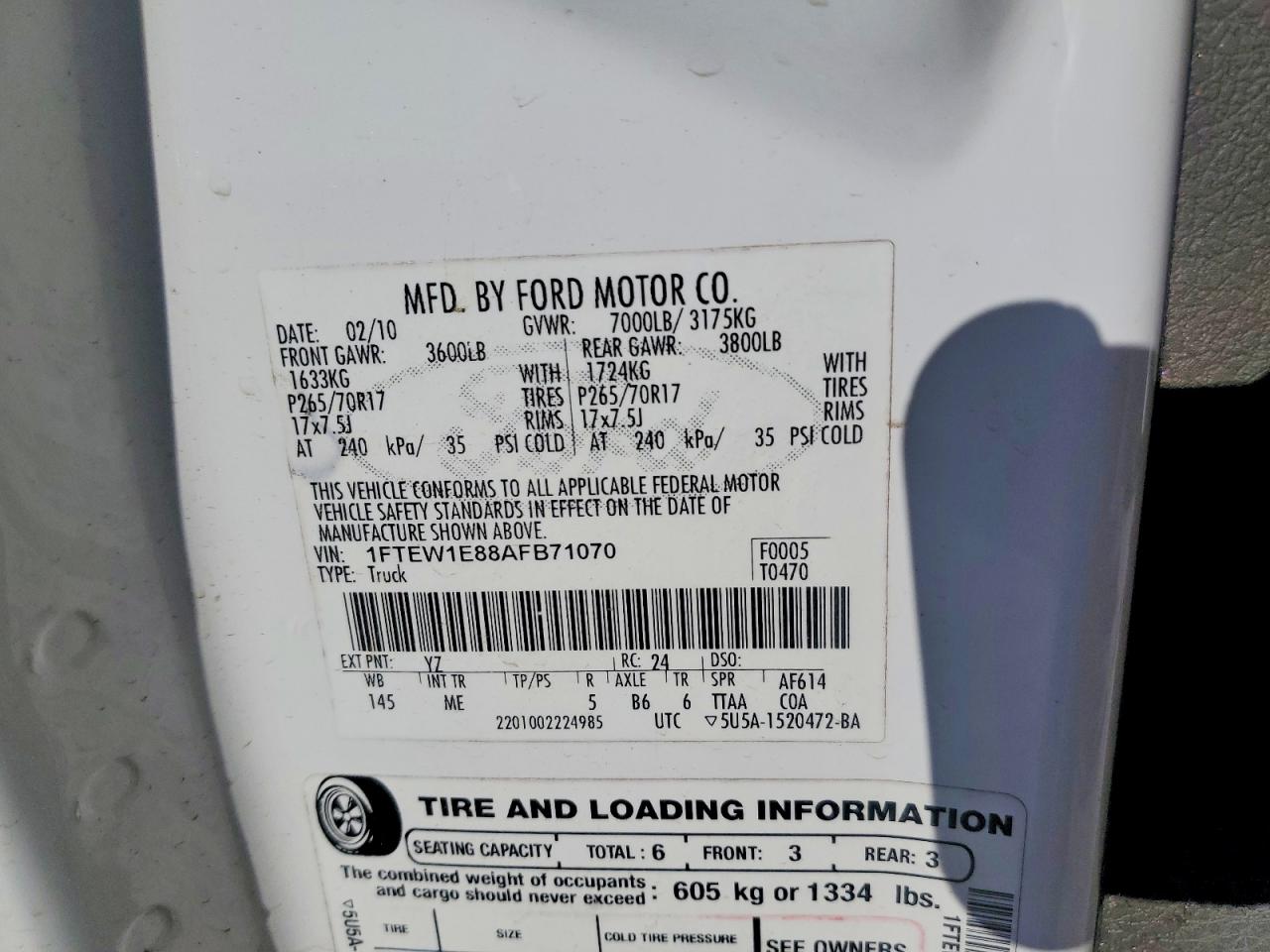2010 Ford F150 Supercrew White vin: 1FTEW1E88AFB71070