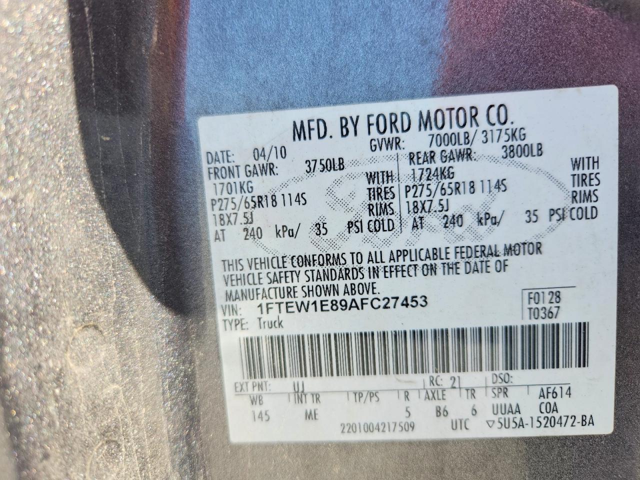 2010 Ford F150 Supercrew Gray vin: 1FTEW1E89AFC27453