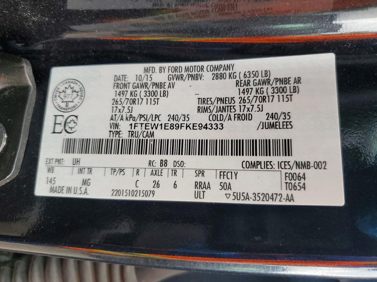 2015 Ford F150 Supercrew Black vin: 1FTEW1E89FKE94333