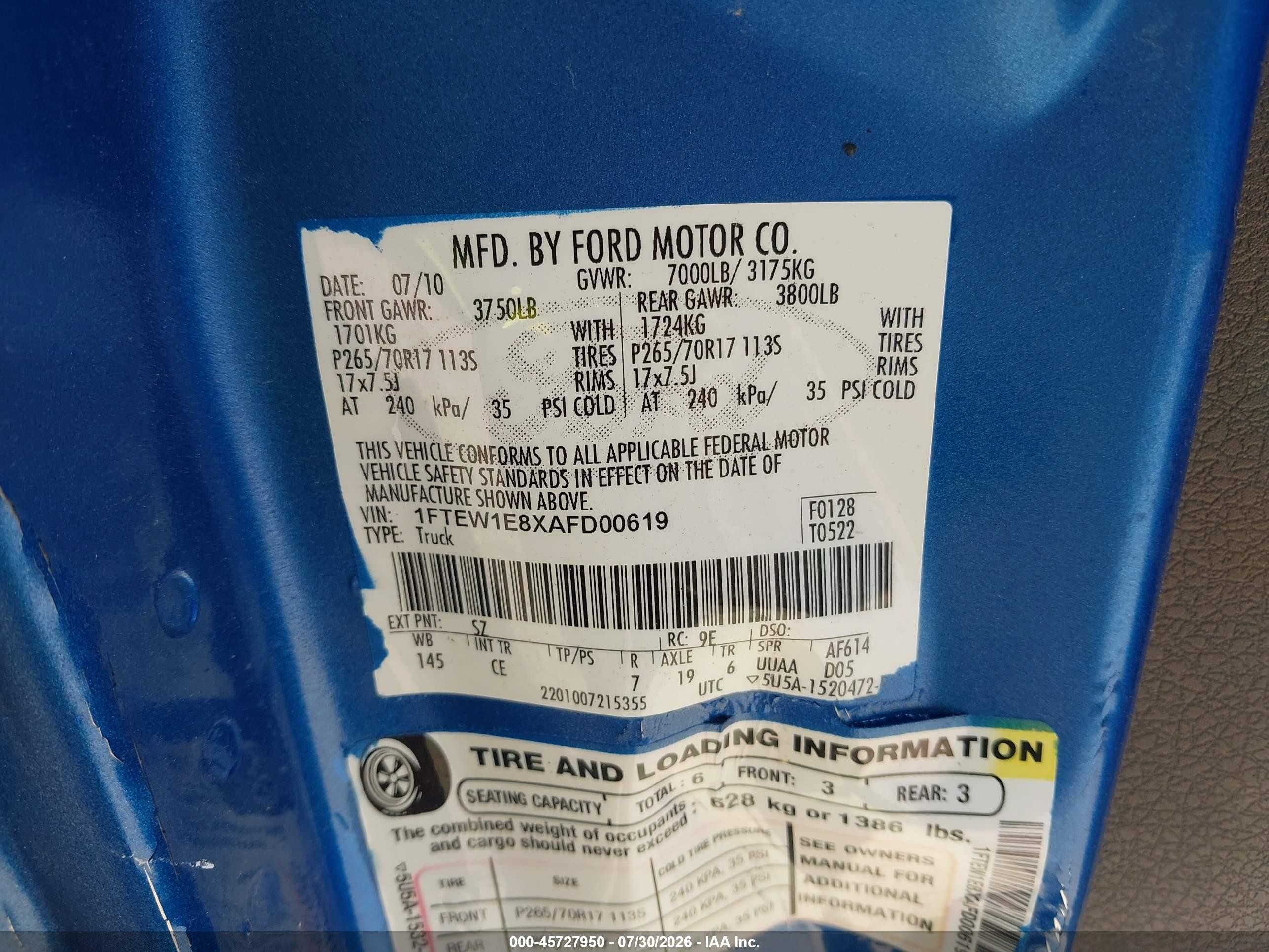 2010 Ford F-150 Xl/xlt Blue vin: 1FTEW1E8XAFD00619