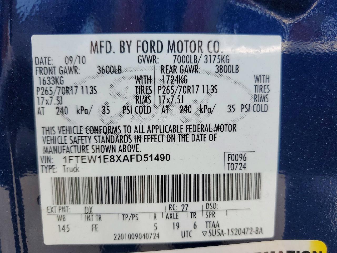 2010 Ford F150 Supercrew Blue vin: 1FTEW1E8XAFD51490