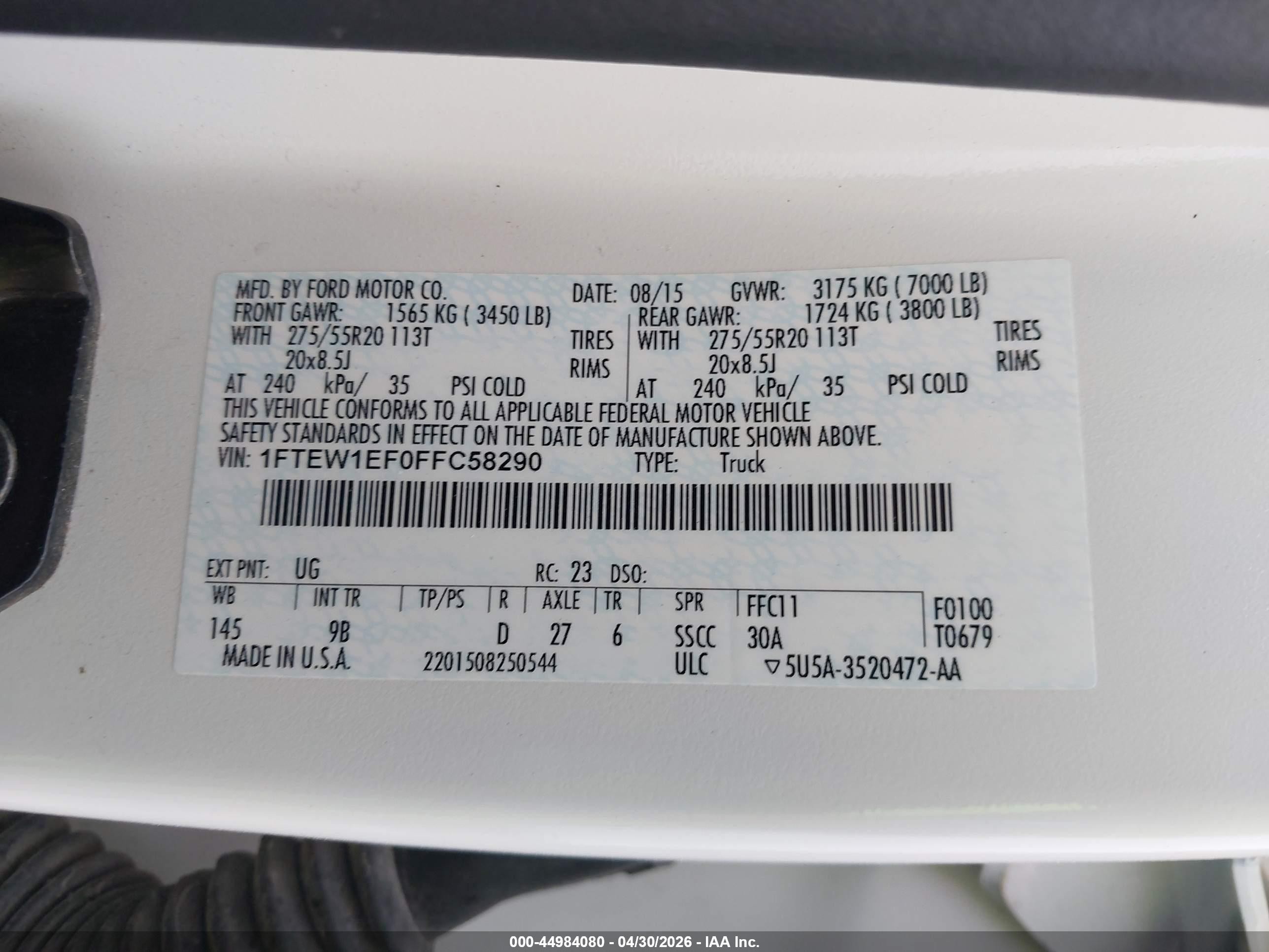 2015 Ford F-150 Platinum White vin: 1FTEW1EF0FFC58290