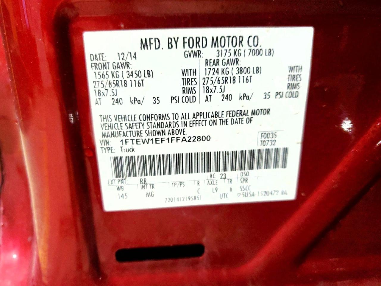 2015 Ford F150 Supercrew Red vin: 1FTEW1EF1FFA22800