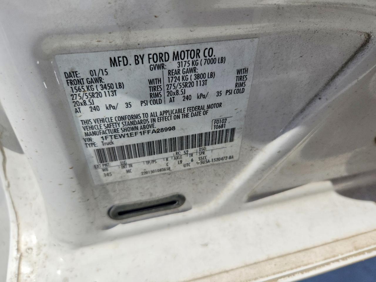 2015 Ford F150 Supercrew White vin: 1FTEW1EF1FFA28998