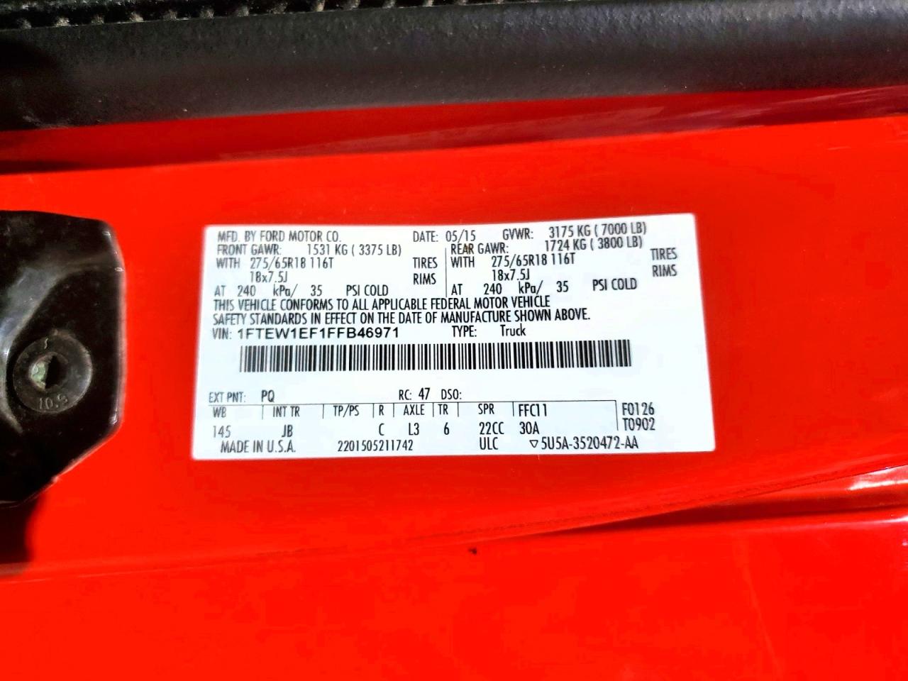 2015 Ford F150 Supercrew Red vin: 1FTEW1EF1FFB46971