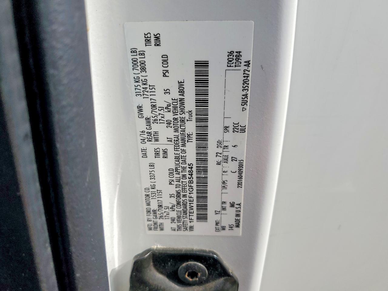 2016 Ford F150 Supercrew White vin: 1FTEW1EF1GFB54845