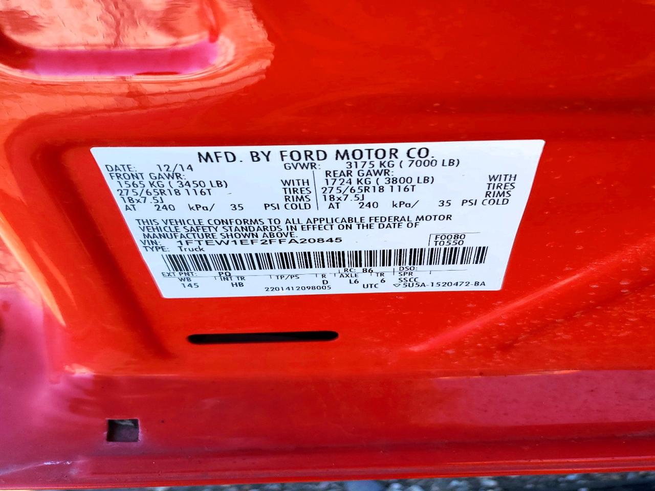 2015 Ford F150 Supercrew Red vin: 1FTEW1EF2FFA20845
