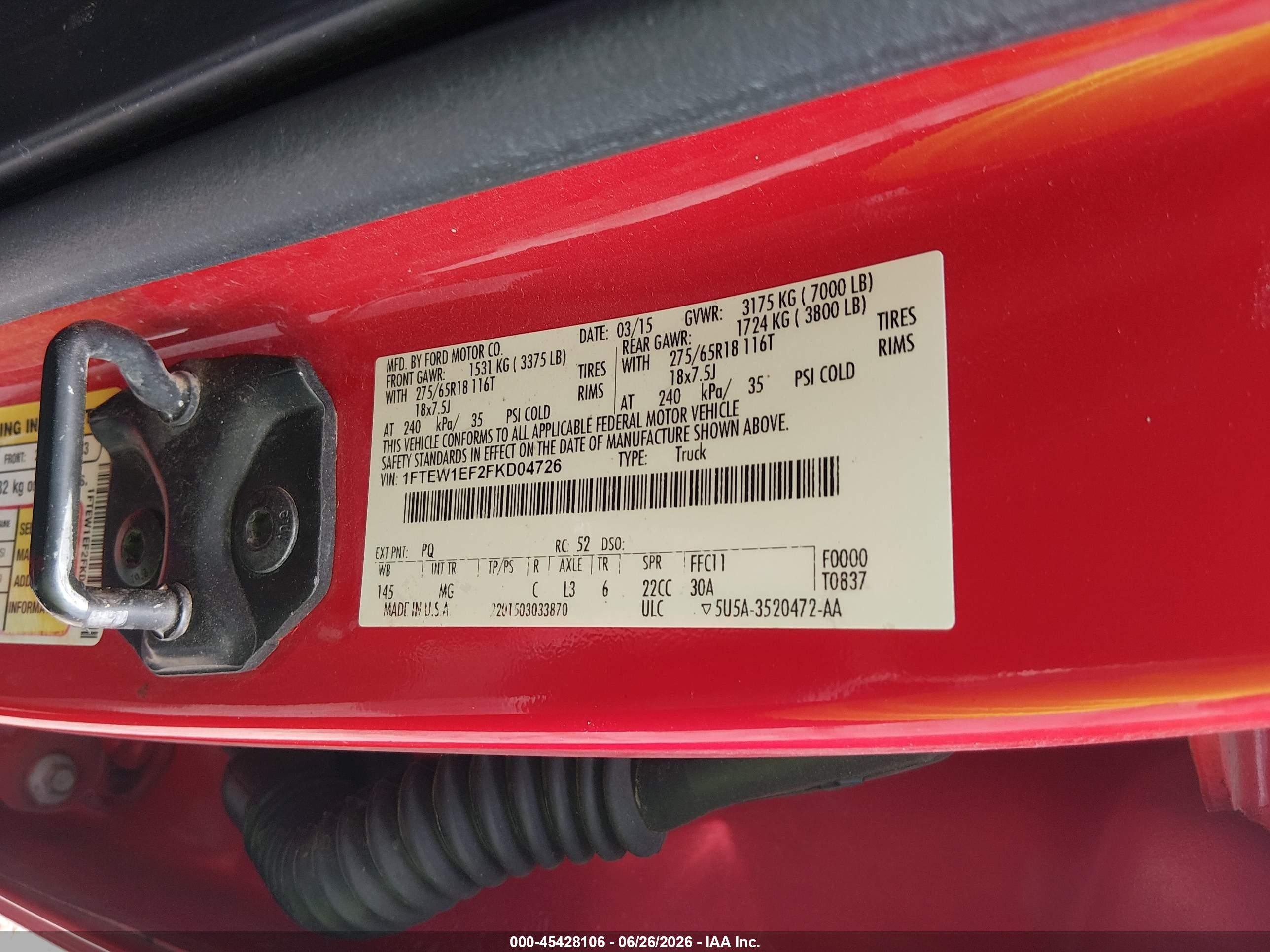 2015 Ford F-150 King Ranch/lariat/platinum/xl/xlt Red vin: 1FTEW1EF2FKD04726
