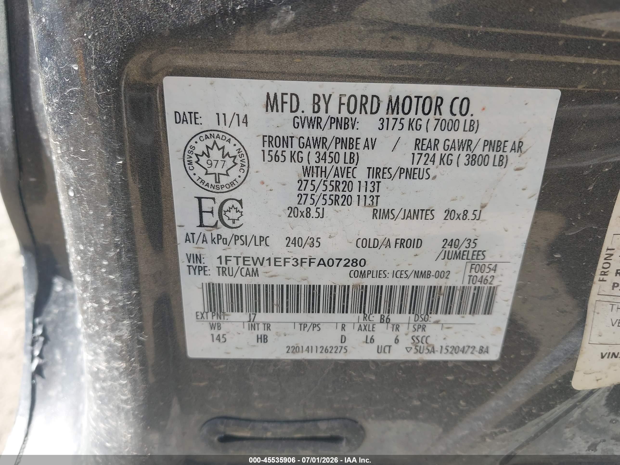 2015 Ford F-150 Lariat Серый vin: 1FTEW1EF3FFA07280