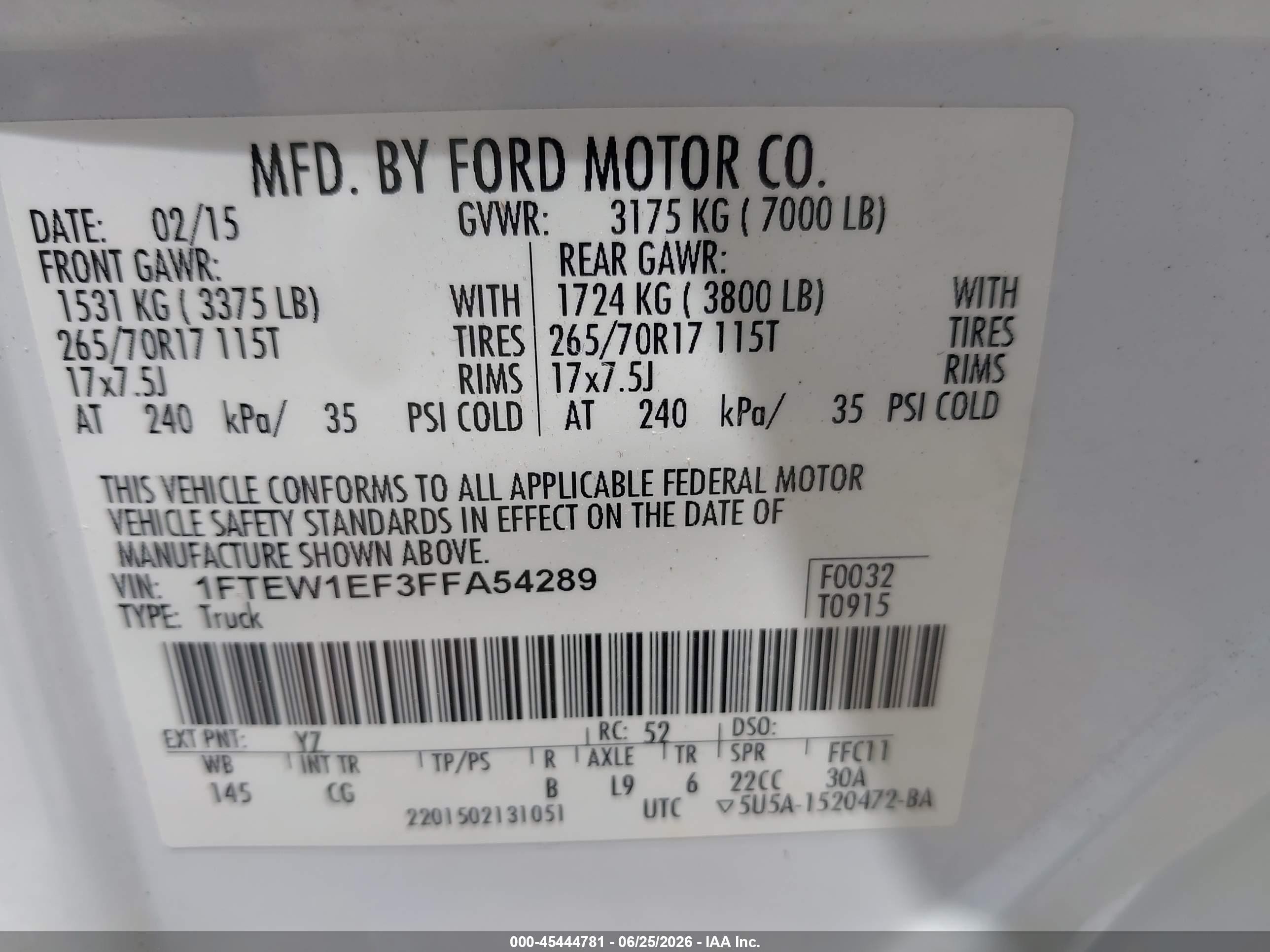 2015 Ford F-150 Xl White vin: 1FTEW1EF3FFA54289