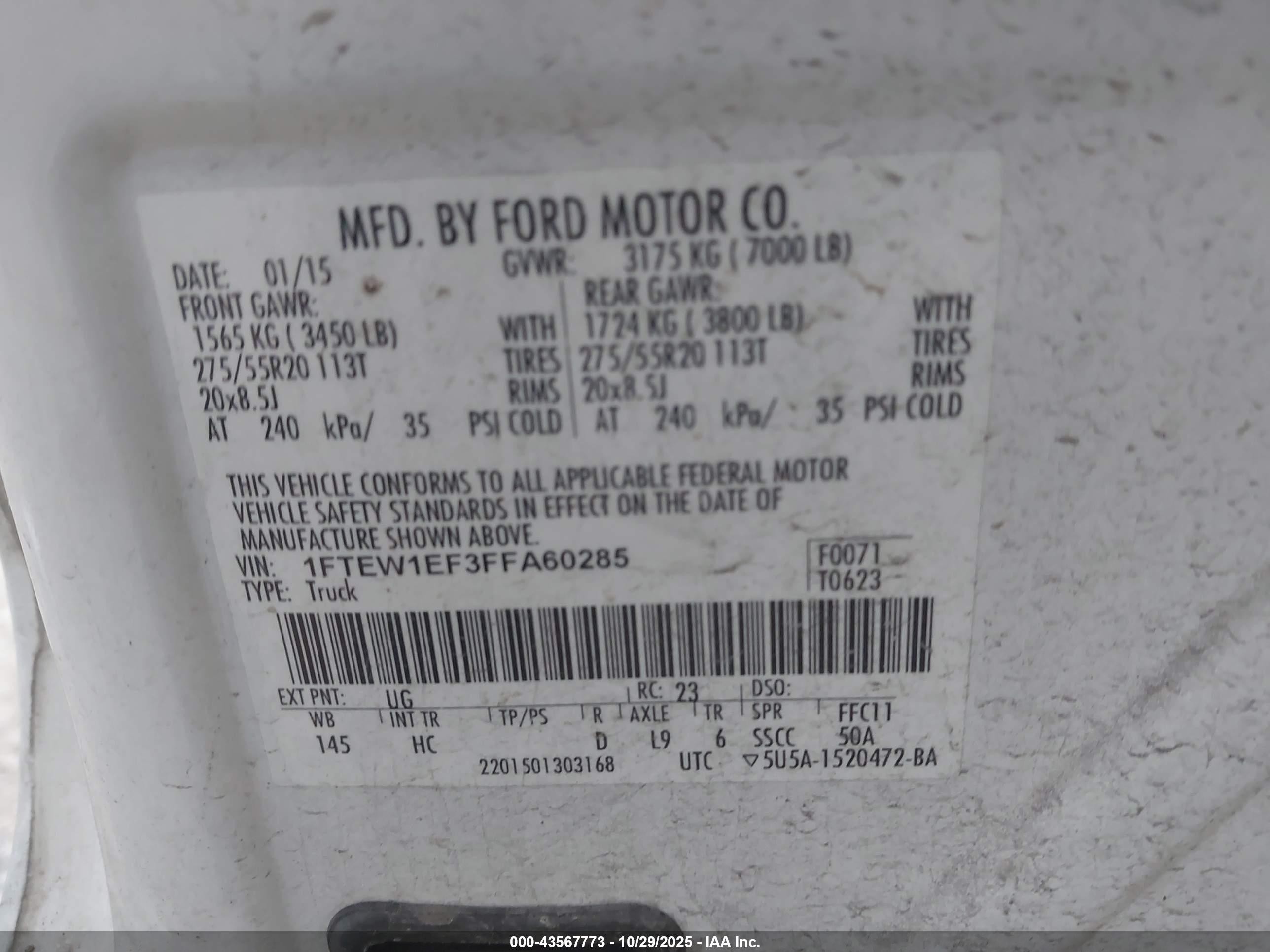 2015 Ford F-150 Lariat White vin: 1FTEW1EF3FFA60285