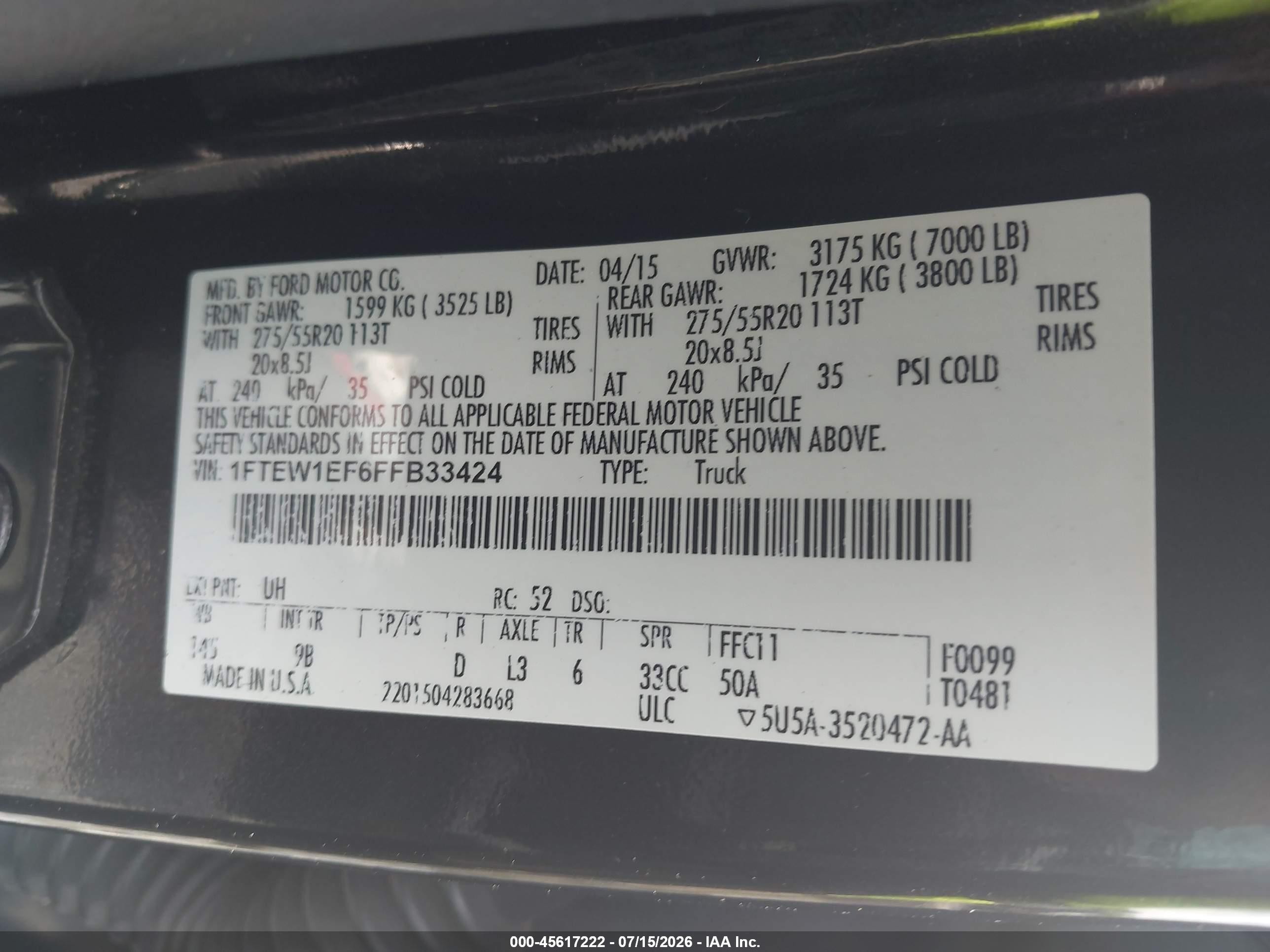 2015 Ford F-150 Platinum Black vin: 1FTEW1EF6FFB33424