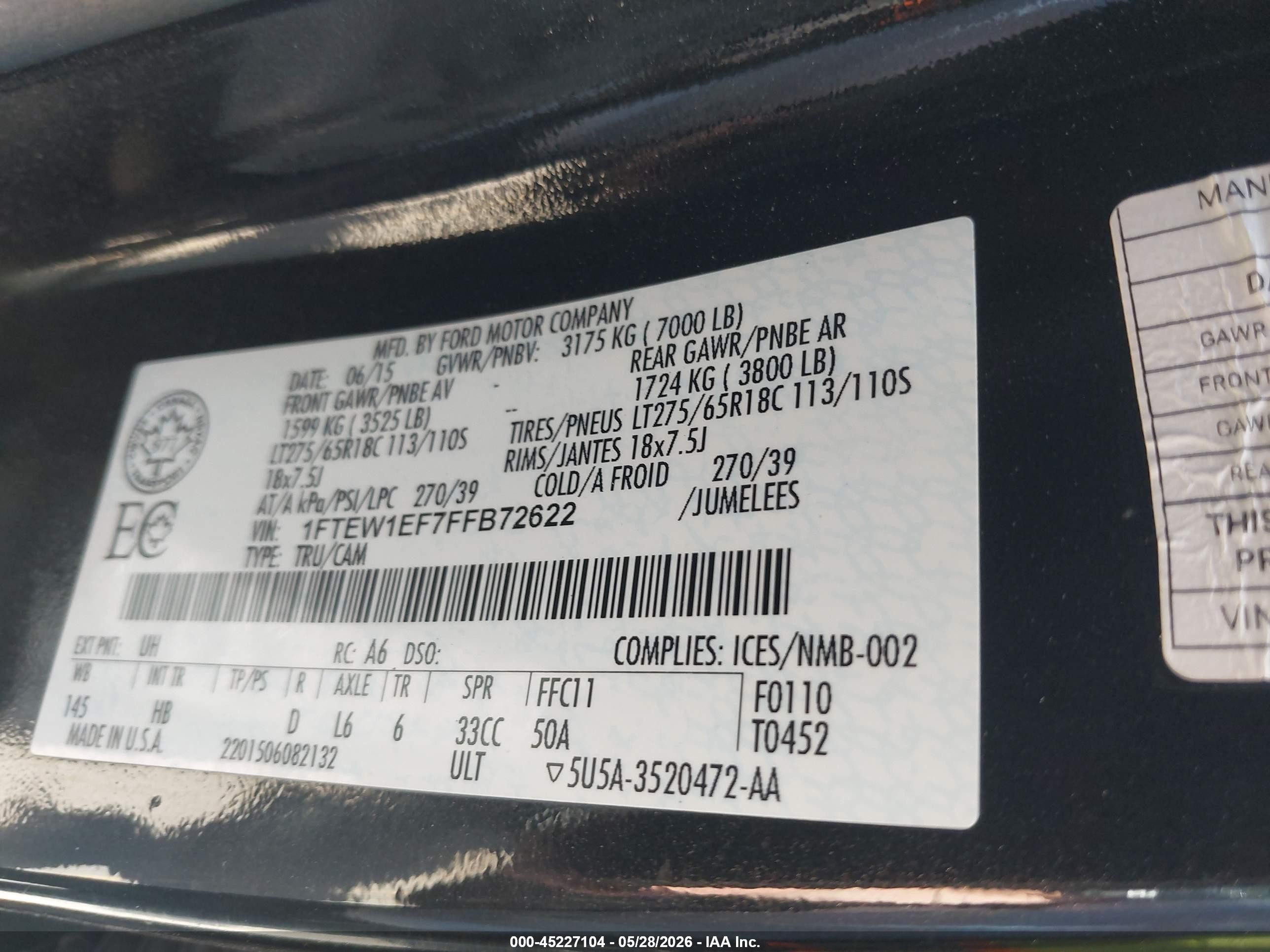 2015 Ford F-150 Lariat Black vin: 1FTEW1EF7FFB72622