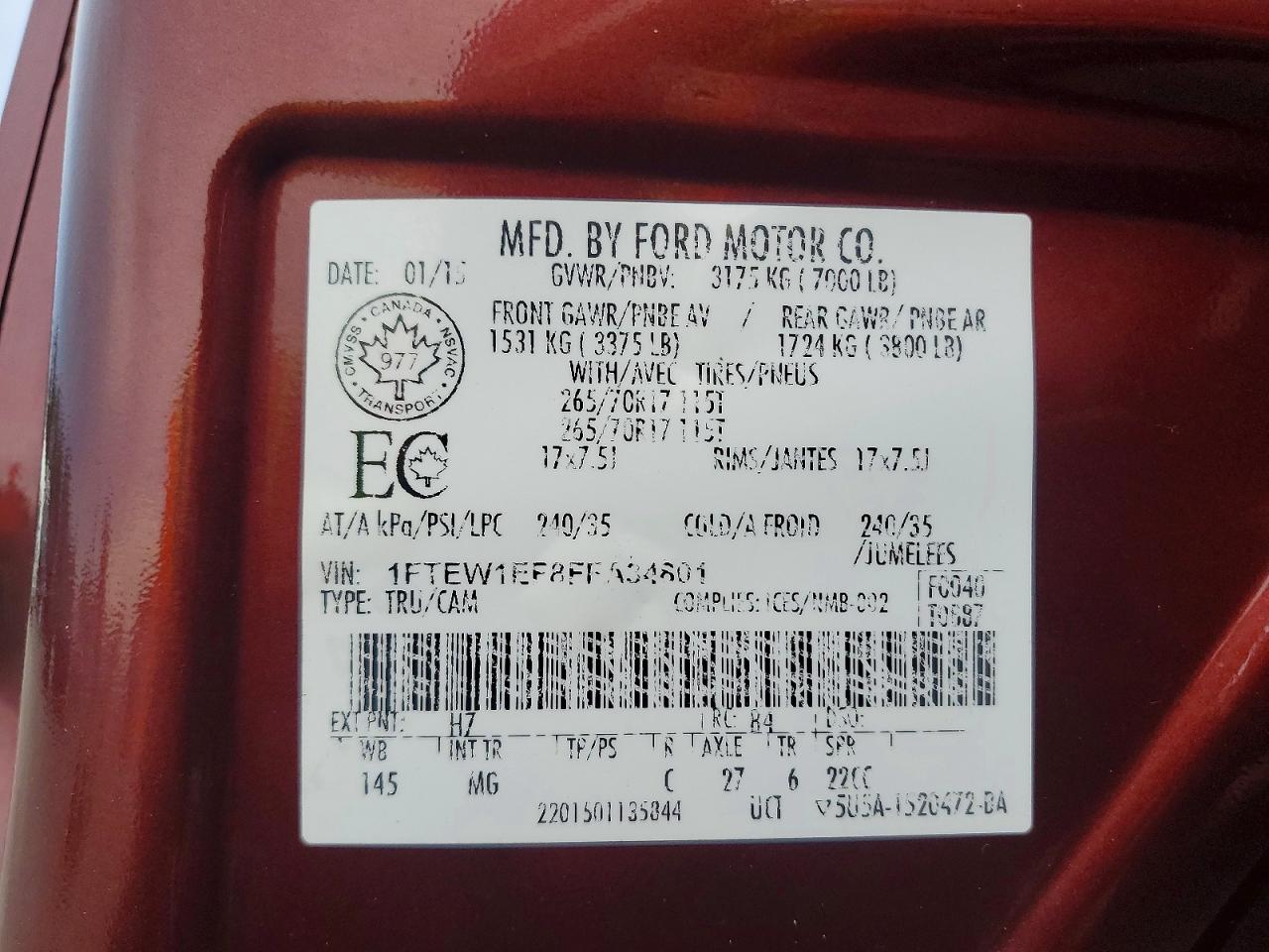 2015 Ford F150 Supercrew Burgundy vin: 1FTEW1EF8FFA34801