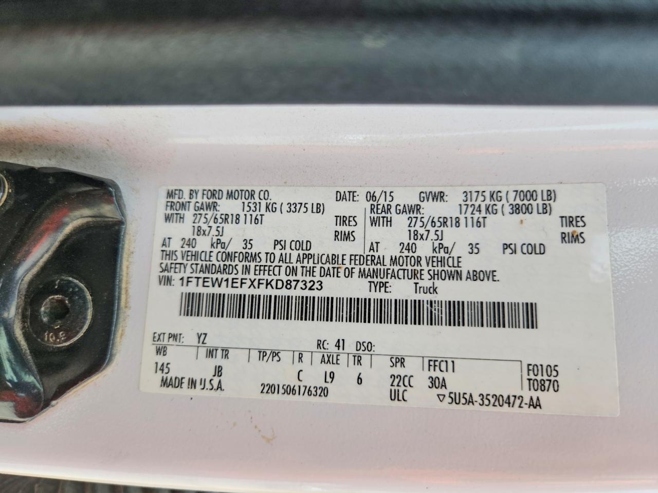 2015 Ford F150 Supercrew White vin: 1FTEW1EFXFKD87323