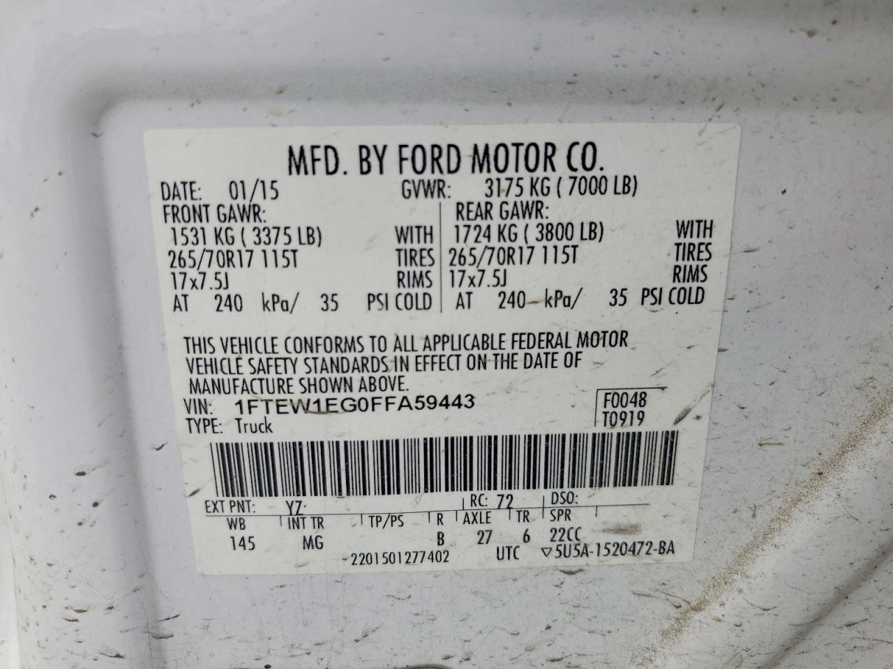 2015 Ford F150 Supercrew White vin: 1FTEW1EG0FFA59443