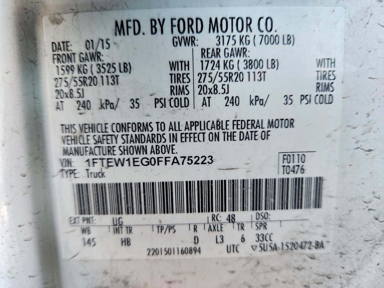 2015 Ford F150 Supercrew White vin: 1FTEW1EG0FFA75223