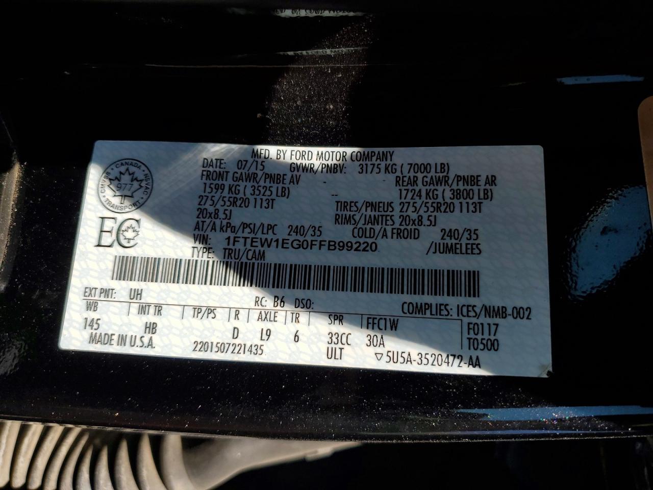 2015 Ford F150 Supercrew Black vin: 1FTEW1EG0FFB99220