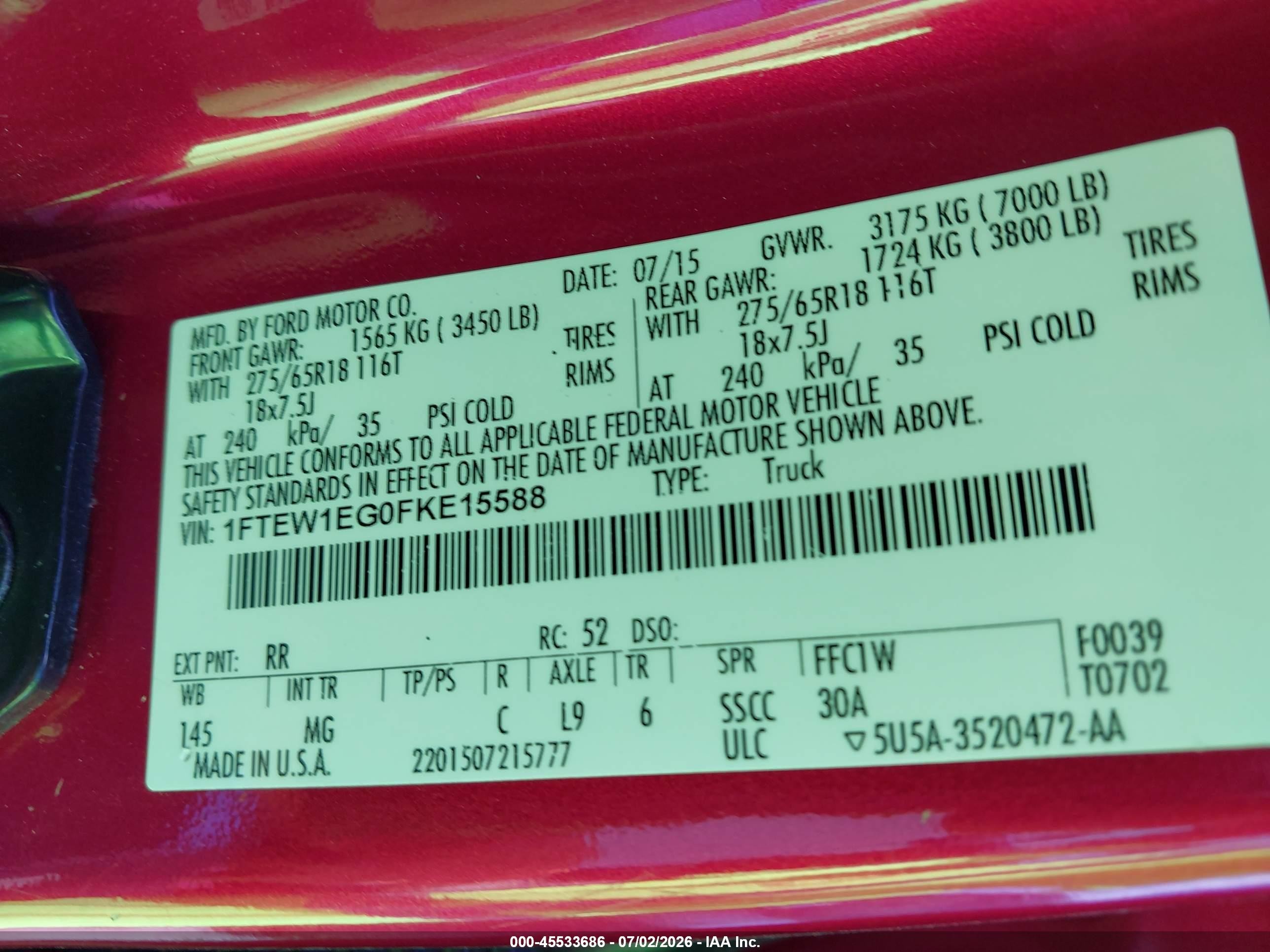 2015 Ford F-150   Red vin: 1FTEW1EG0FKE15588
