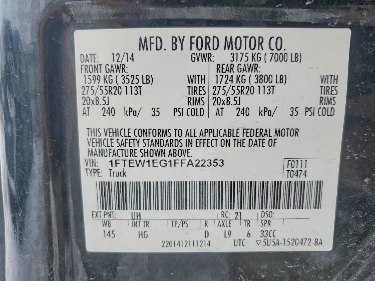 2015 Ford F150 Supercrew Black vin: 1FTEW1EG1FFA22353