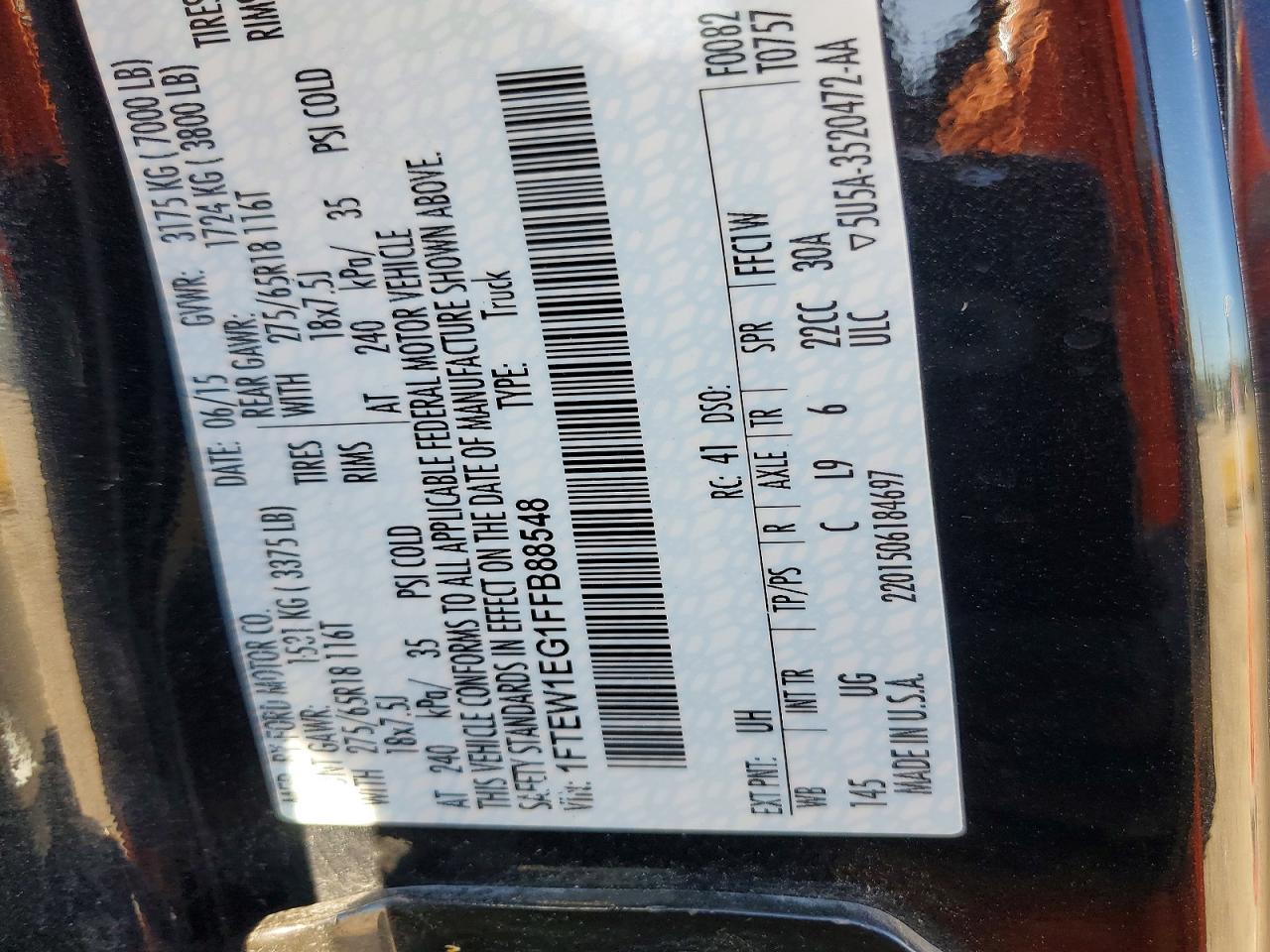 2015 Ford F150 Supercrew Black vin: 1FTEW1EG1FFB88548