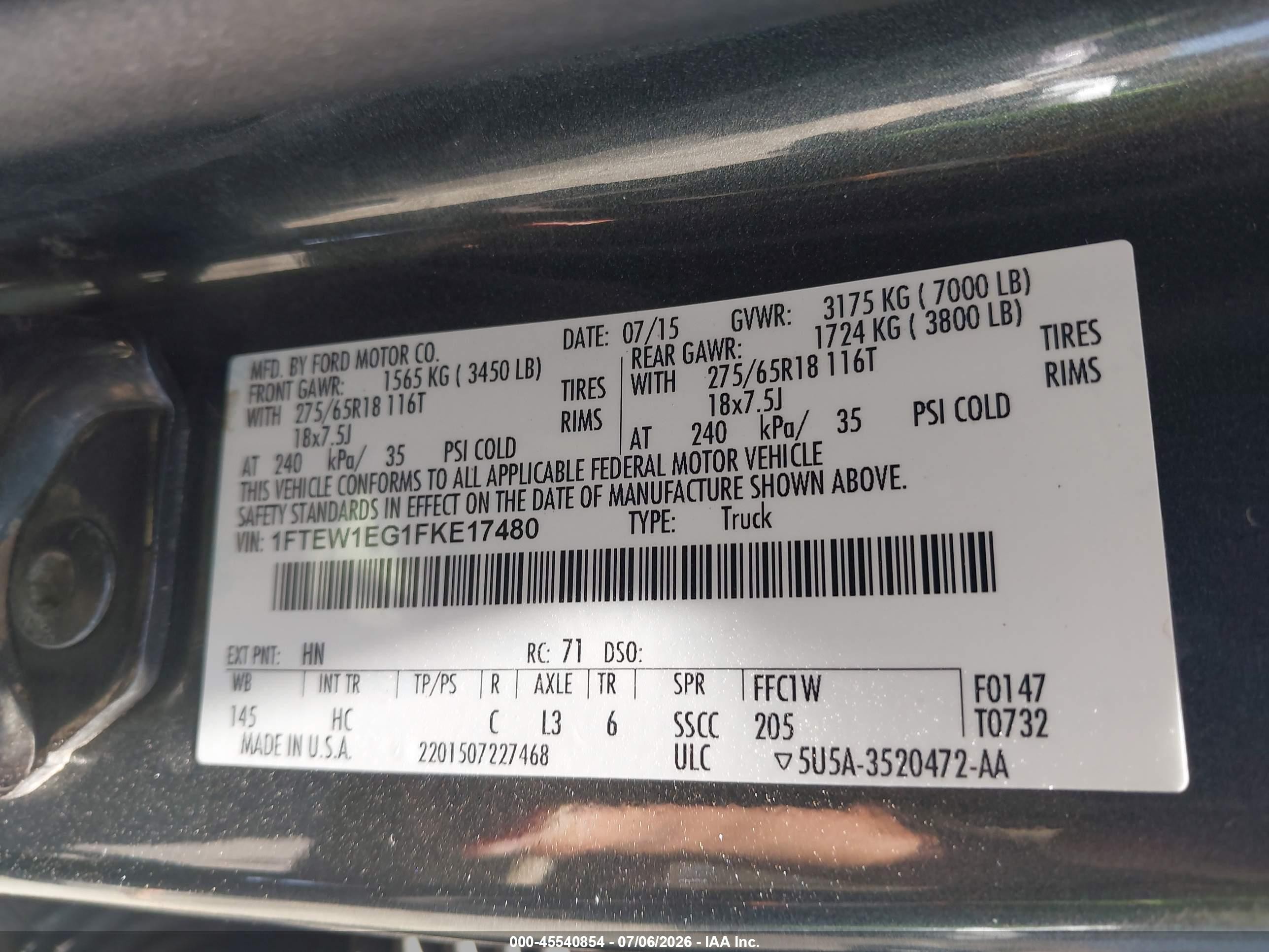2015 Ford F-150 King Ranch/lariat/platinum/xl/xlt Серый vin: 1FTEW1EG1FKE17480