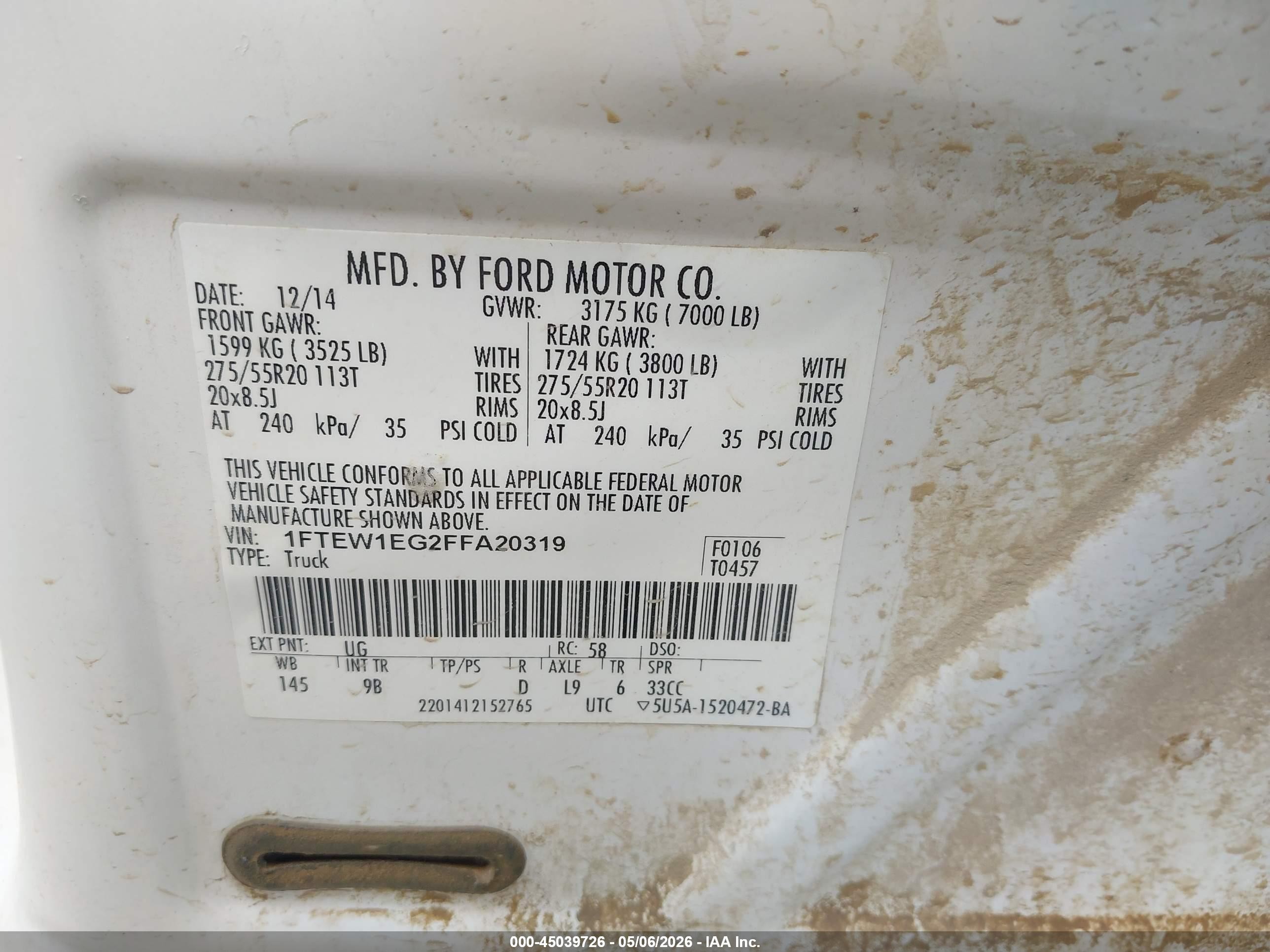 2015 Ford F-150 Platinum White vin: 1FTEW1EG2FFA20319