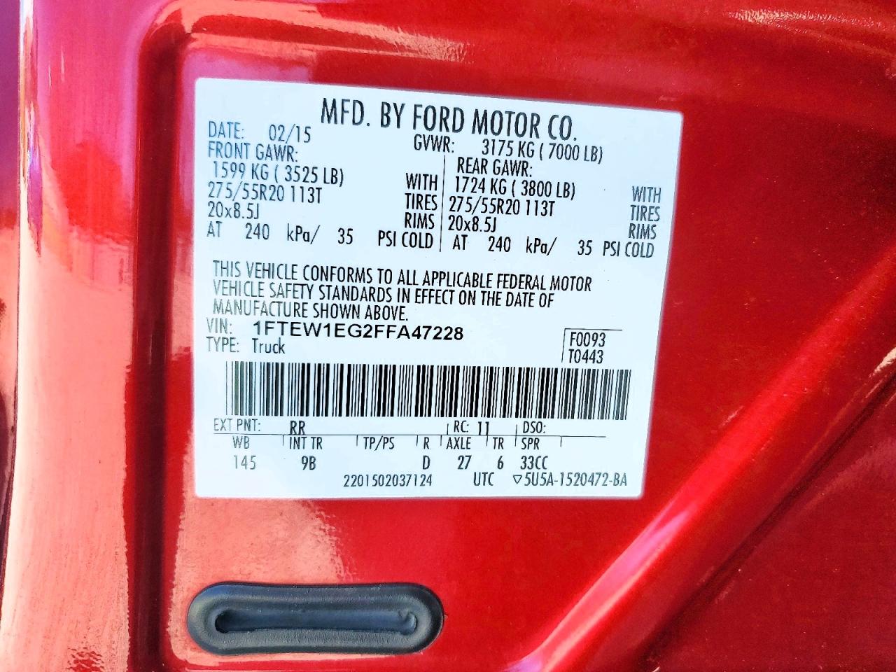 2015 Ford F150 Supercrew Red vin: 1FTEW1EG2FFA47228