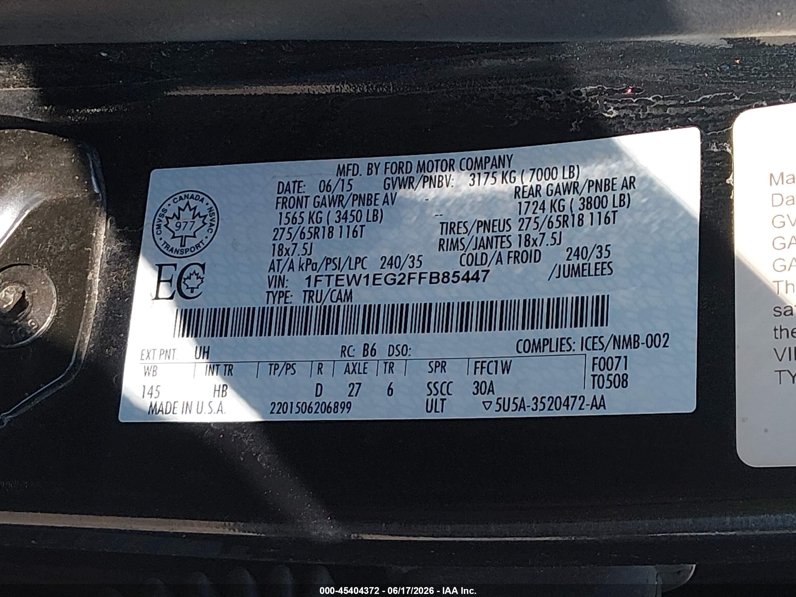 2015 Ford F-150 Lariat Black vin: 1FTEW1EG2FFB85447