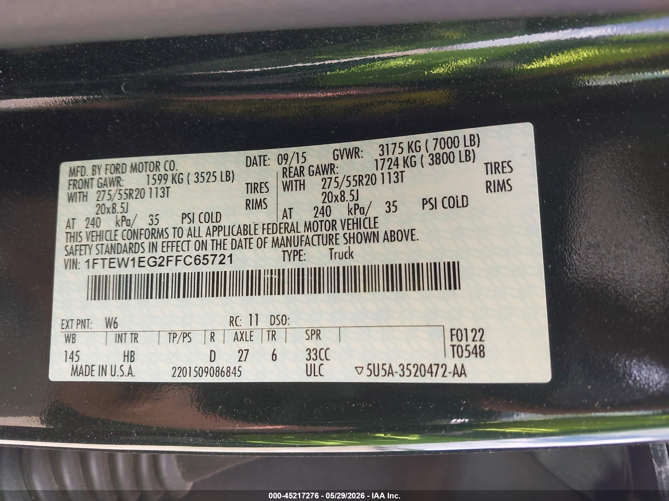 2015 Ford F-150 Lariat Green vin: 1FTEW1EG2FFC65721
