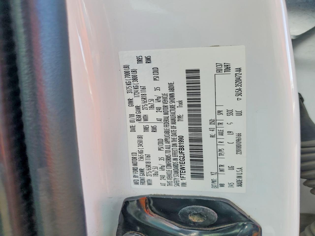 2018 Ford F150 Supercrew White vin: 1FTEW1EG2JFB81990