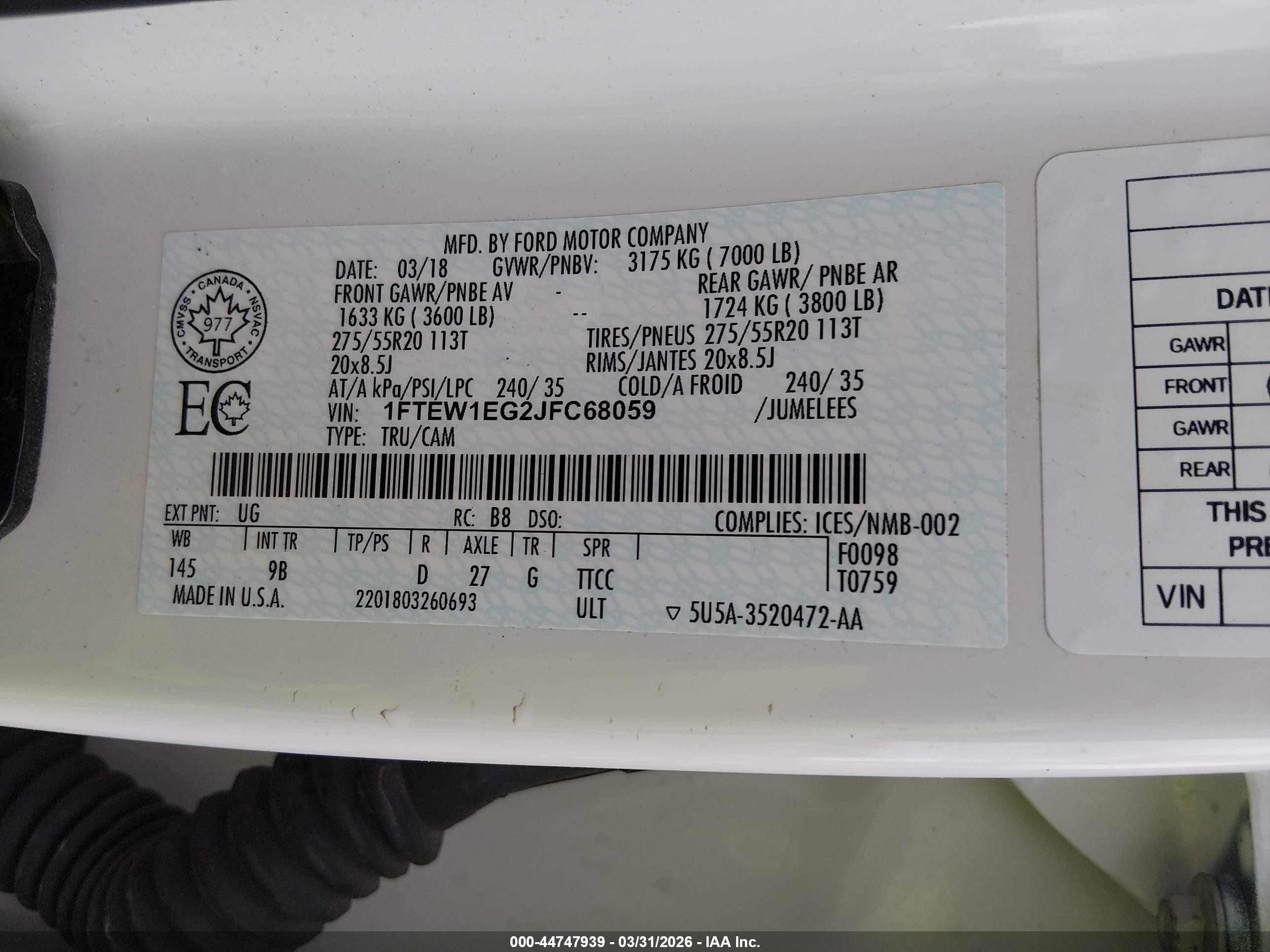 2018 Ford F-150 Platinum White vin: 1FTEW1EG2JFC68059