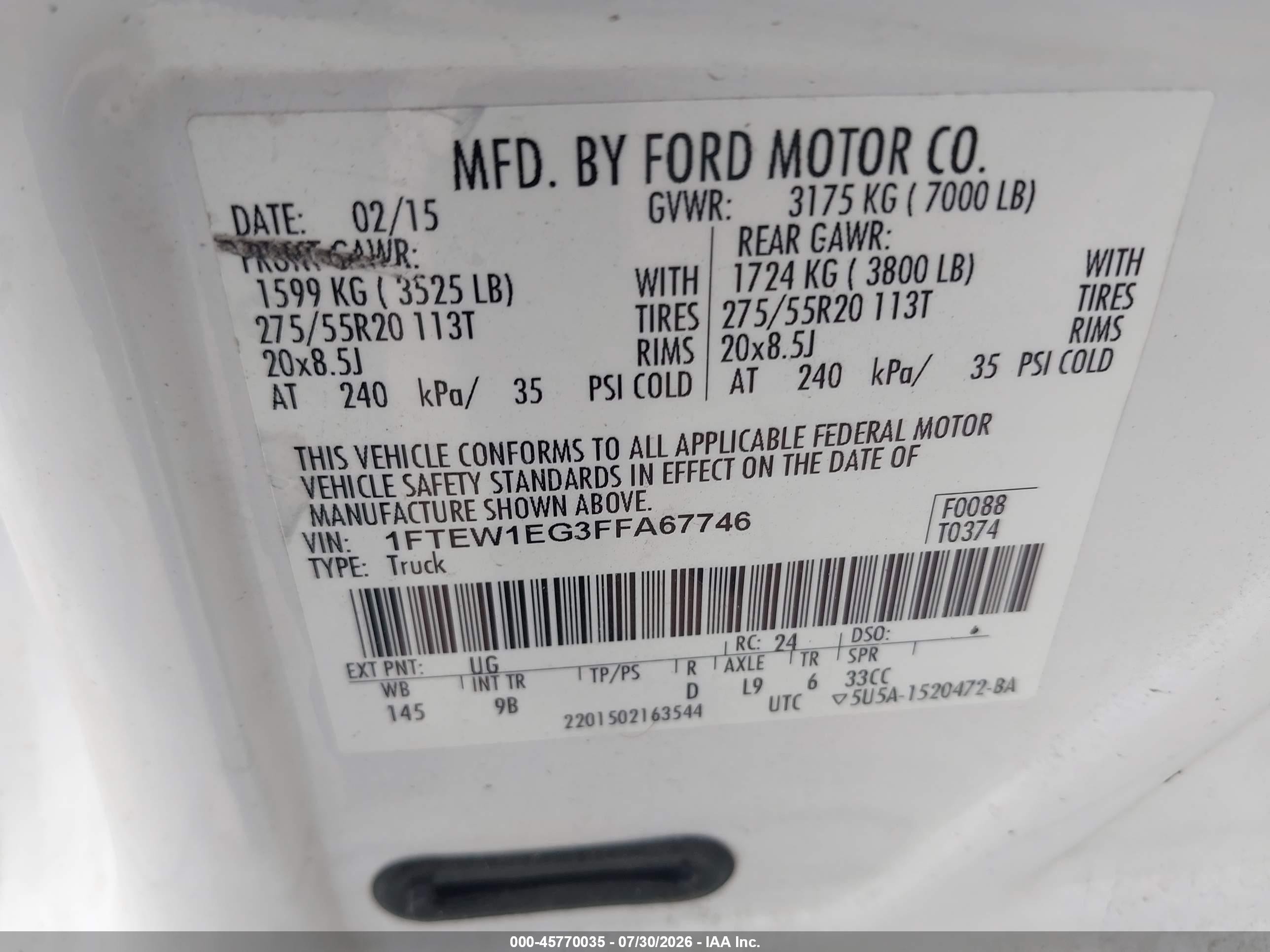 2015 Ford F-150 Platinum White vin: 1FTEW1EG3FFA67746