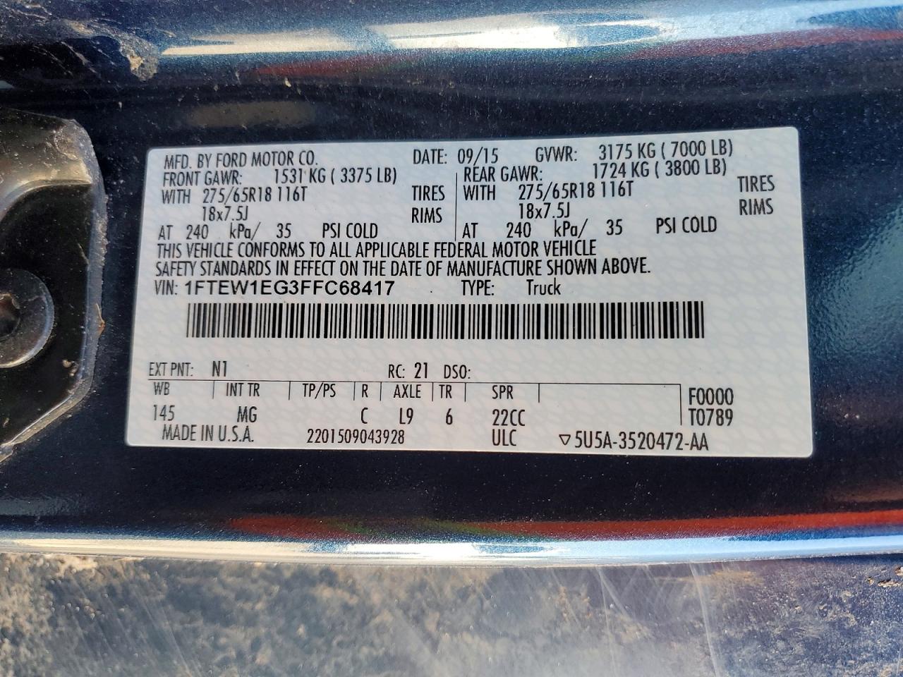 2015 Ford F150 Supercrew Blue vin: 1FTEW1EG3FFC68417