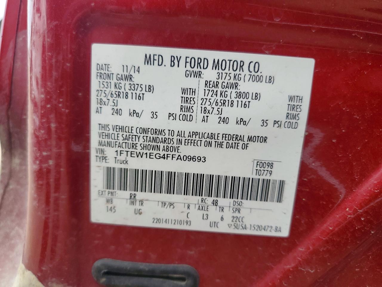 2015 Ford F150 Supercrew Red vin: 1FTEW1EG4FFA09693