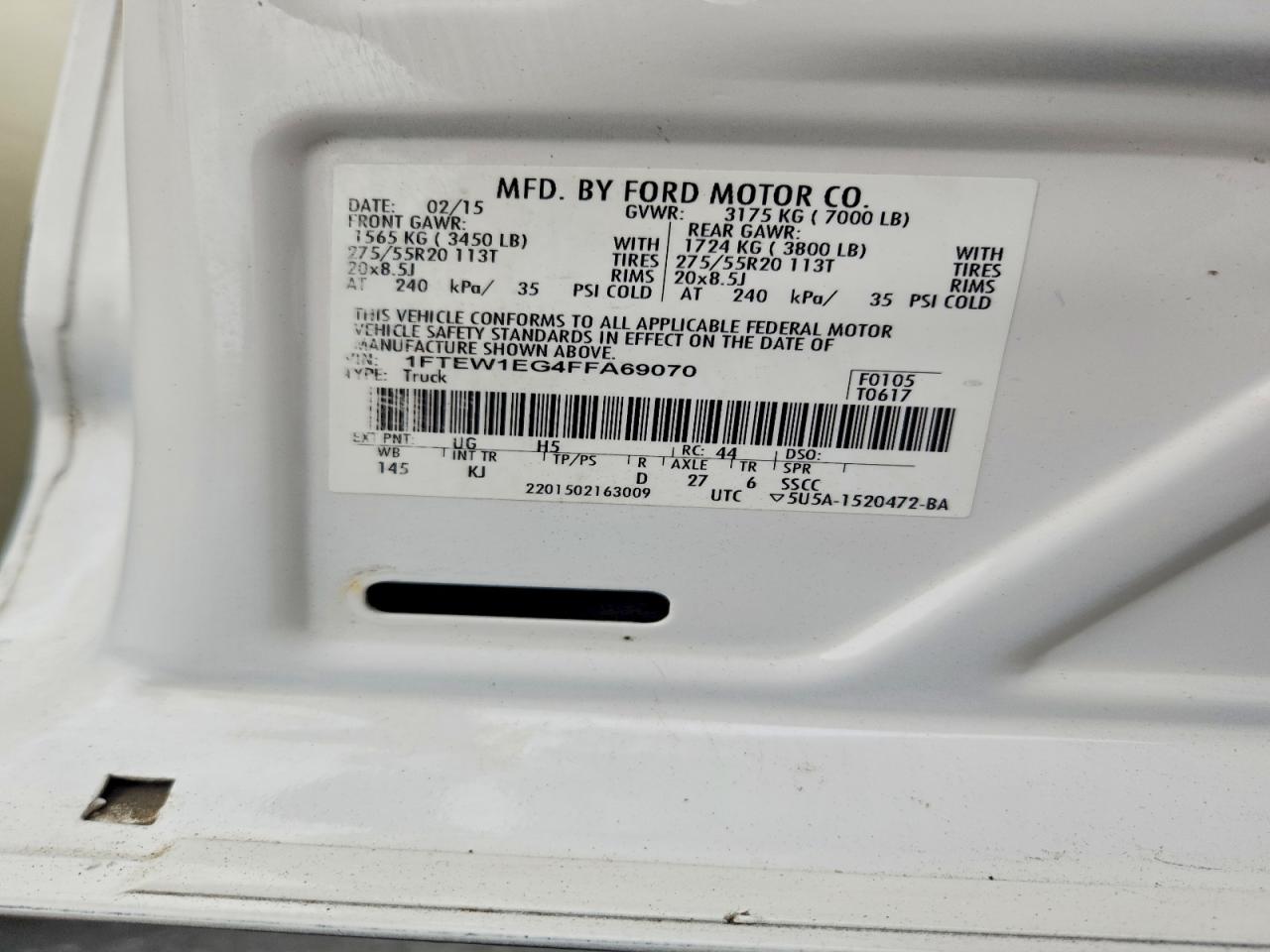 2015 Ford F150 Supercrew White vin: 1FTEW1EG4FFA69070