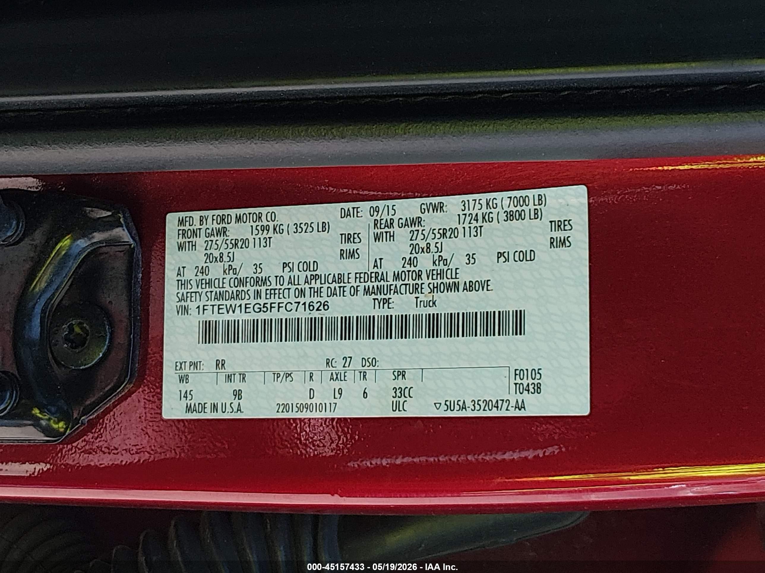 2015 Ford F-150 Platinum Темно-бордовый vin: 1FTEW1EG5FFC71626