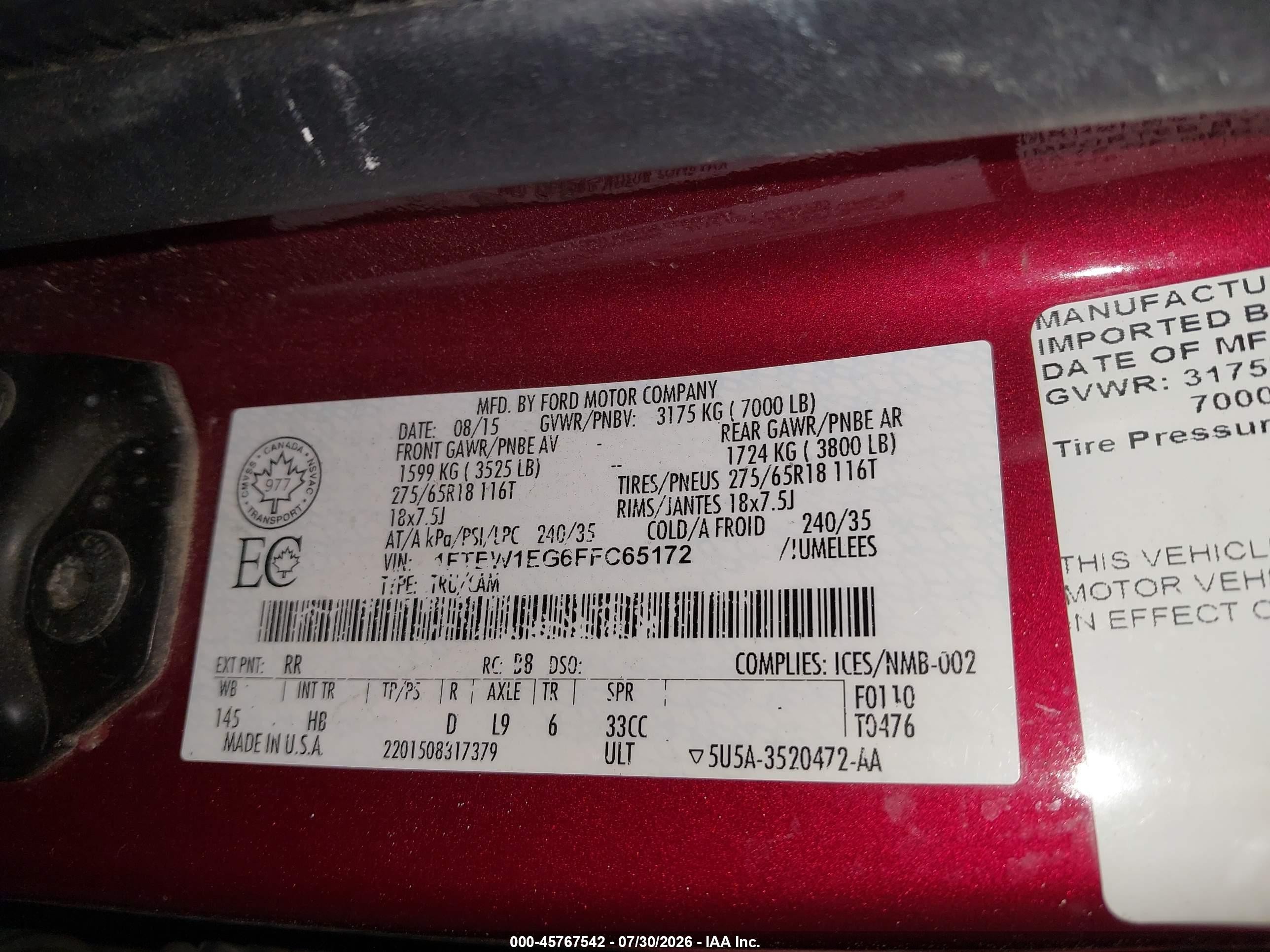 2015 Ford F-150 Lariat Red vin: 1FTEW1EG6FFC65172