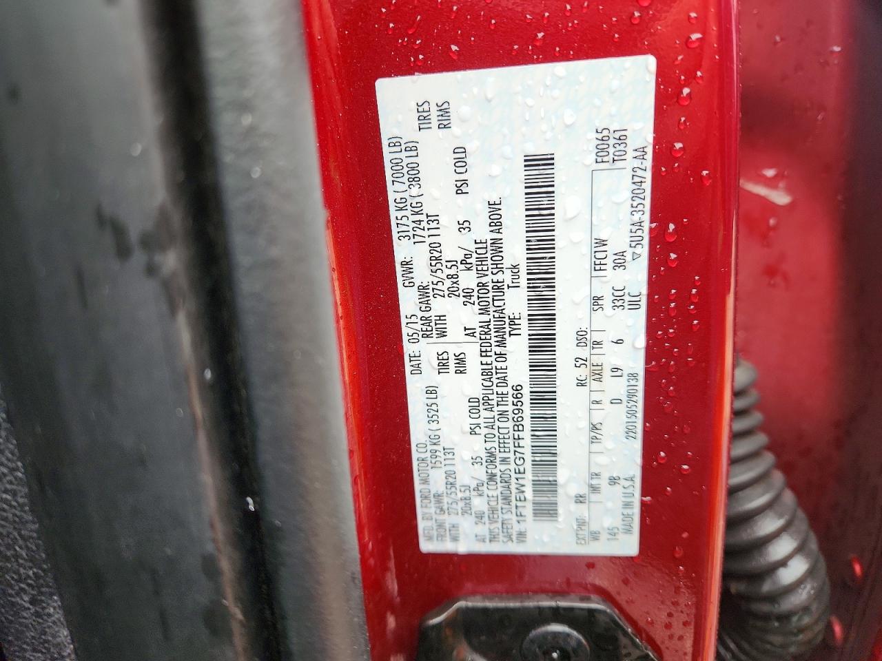2015 Ford F150 Supercrew Red vin: 1FTEW1EG7FFB69566
