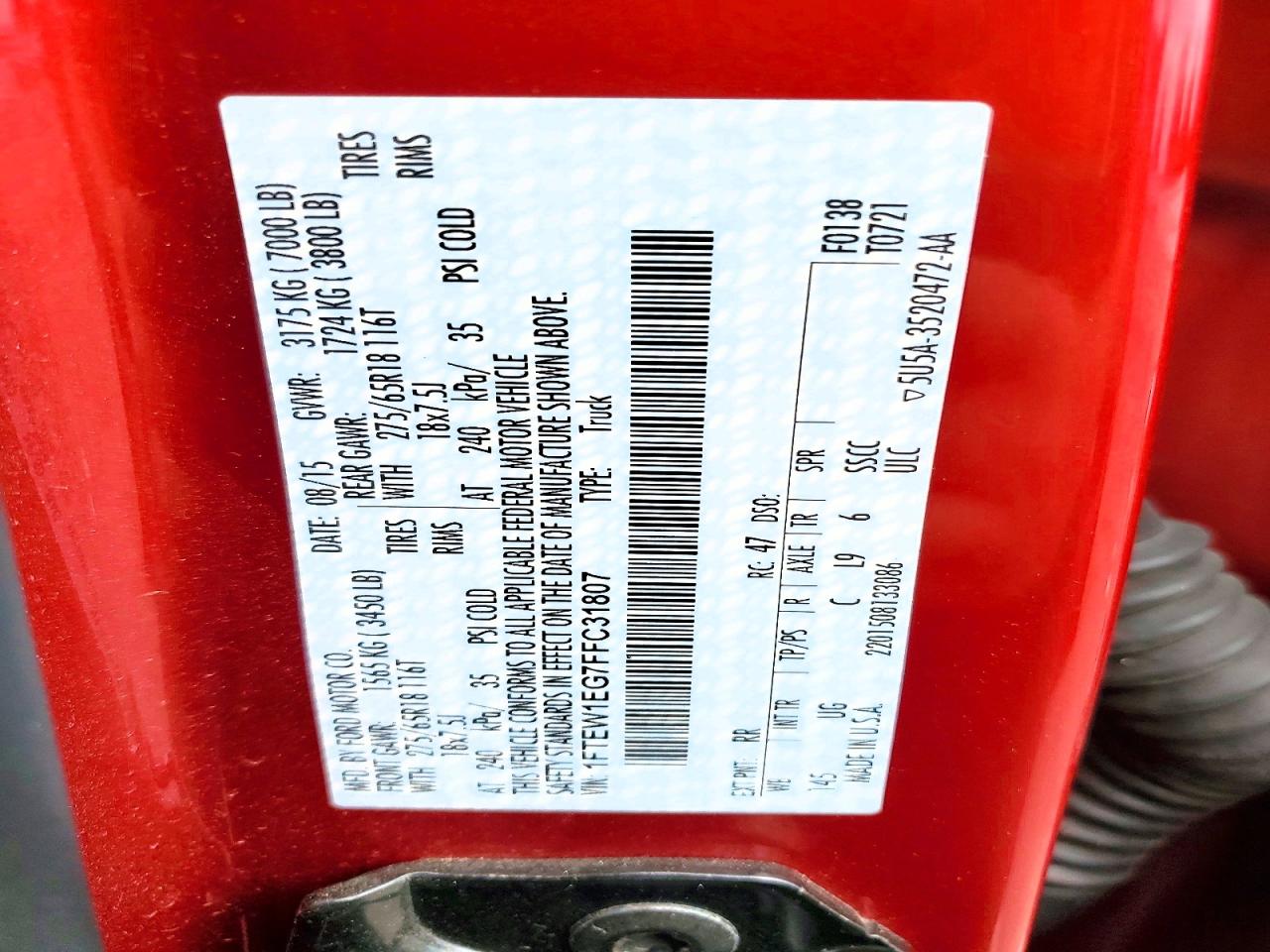 2015 Ford F150 Supercrew Red vin: 1FTEW1EG7FFC31807