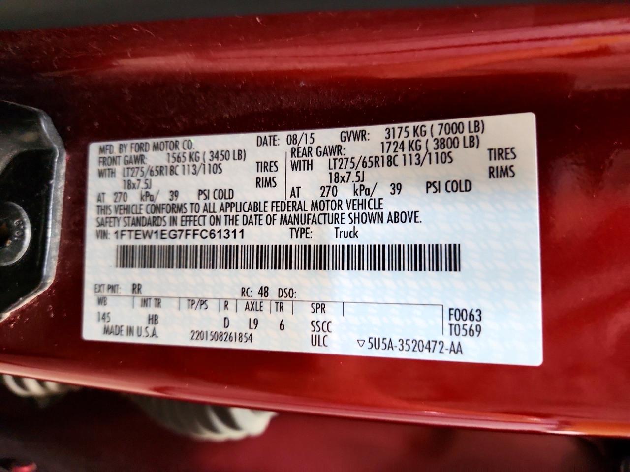 2015 Ford F150 Supercrew Burgundy vin: 1FTEW1EG7FFC61311