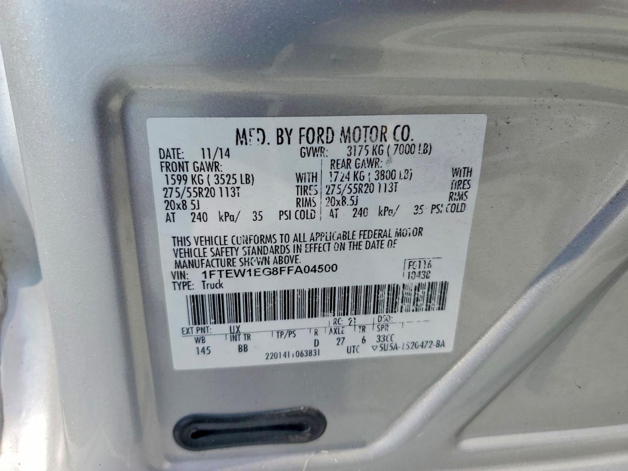 2015 Ford F150 Supercrew Серебряный vin: 1FTEW1EG8FFA04500