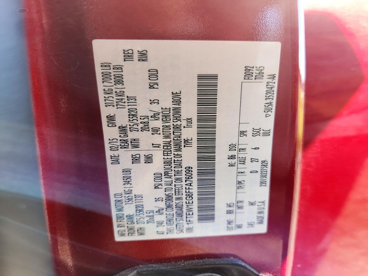 2015 Ford F150 Red vin: 1FTEW1EG8FFA76099